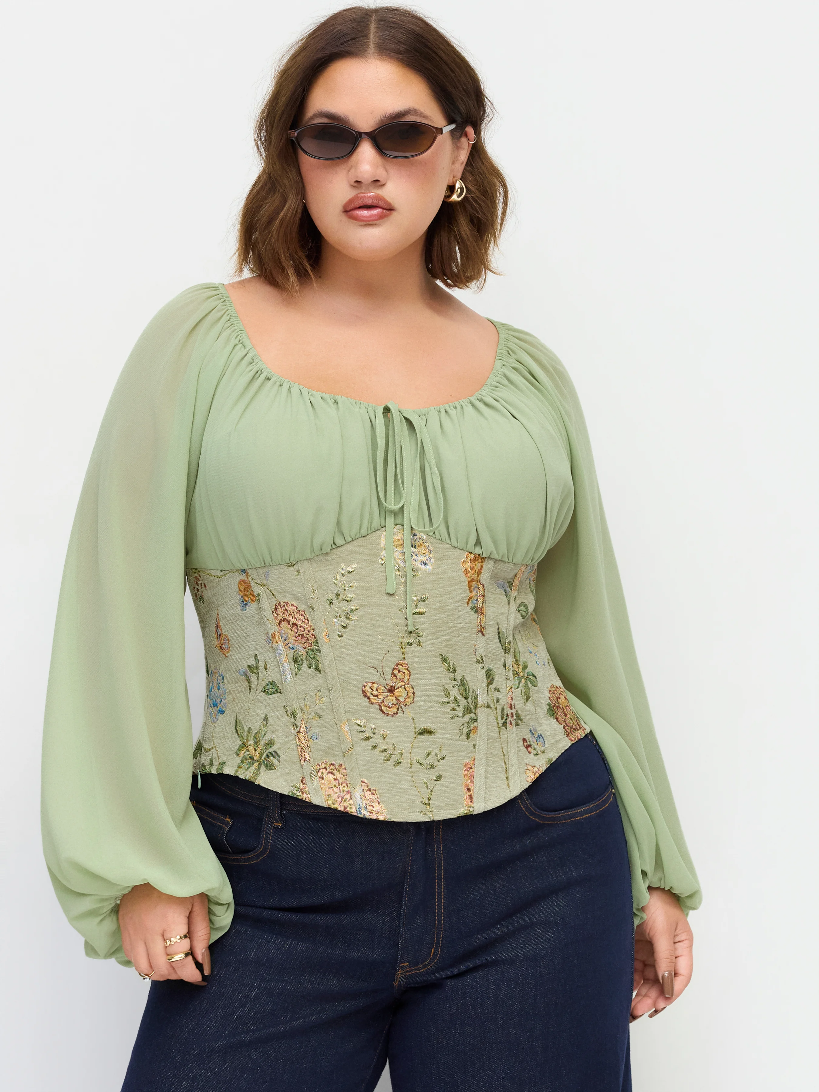 Chiffon Floral Jacquard Scoop Neckline Lantern Sleeve Drawstring Blouse Curve & Plus