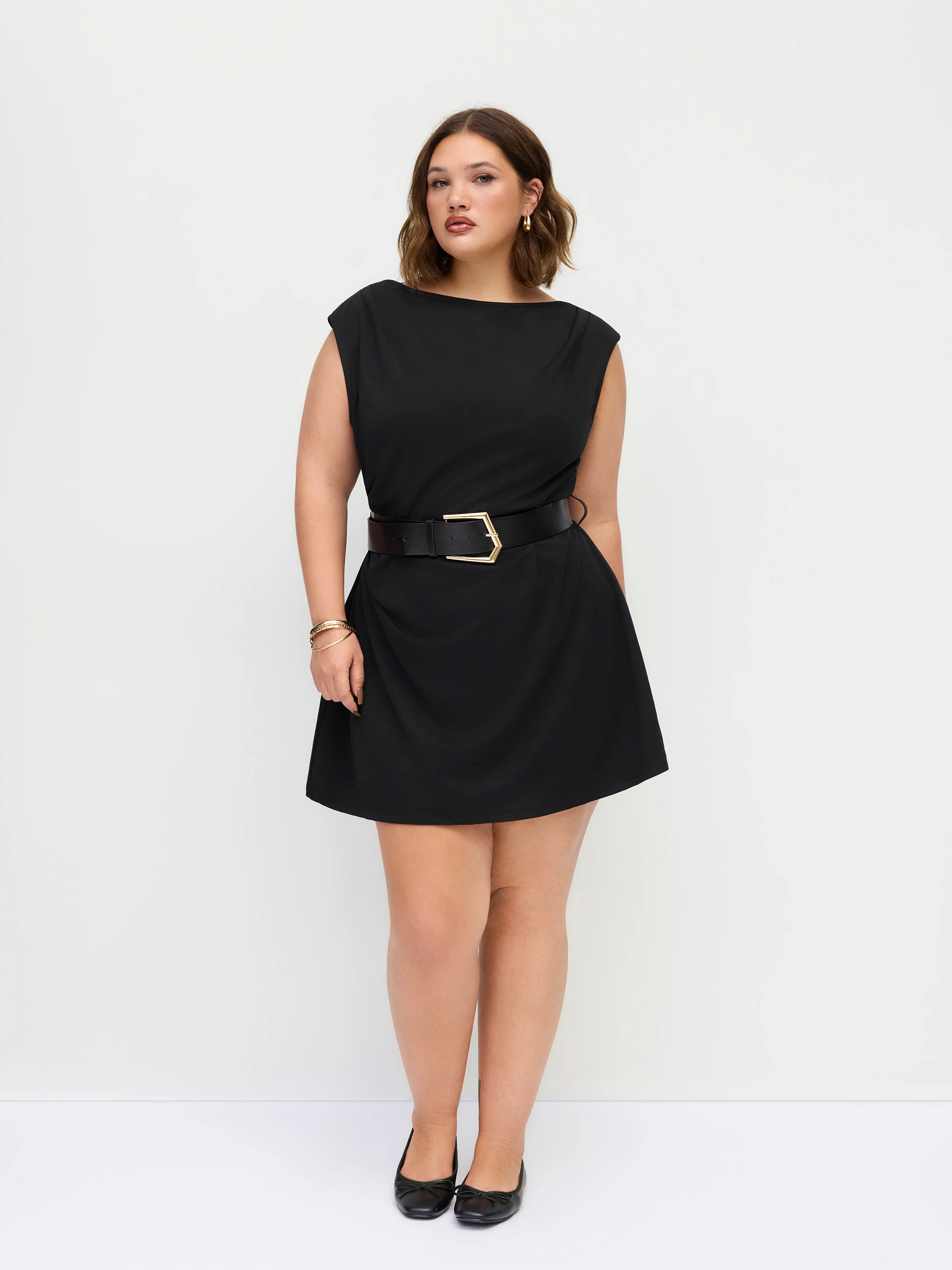 Boat Neck Ruched Belted A-line Mini Dress Curve & Plus