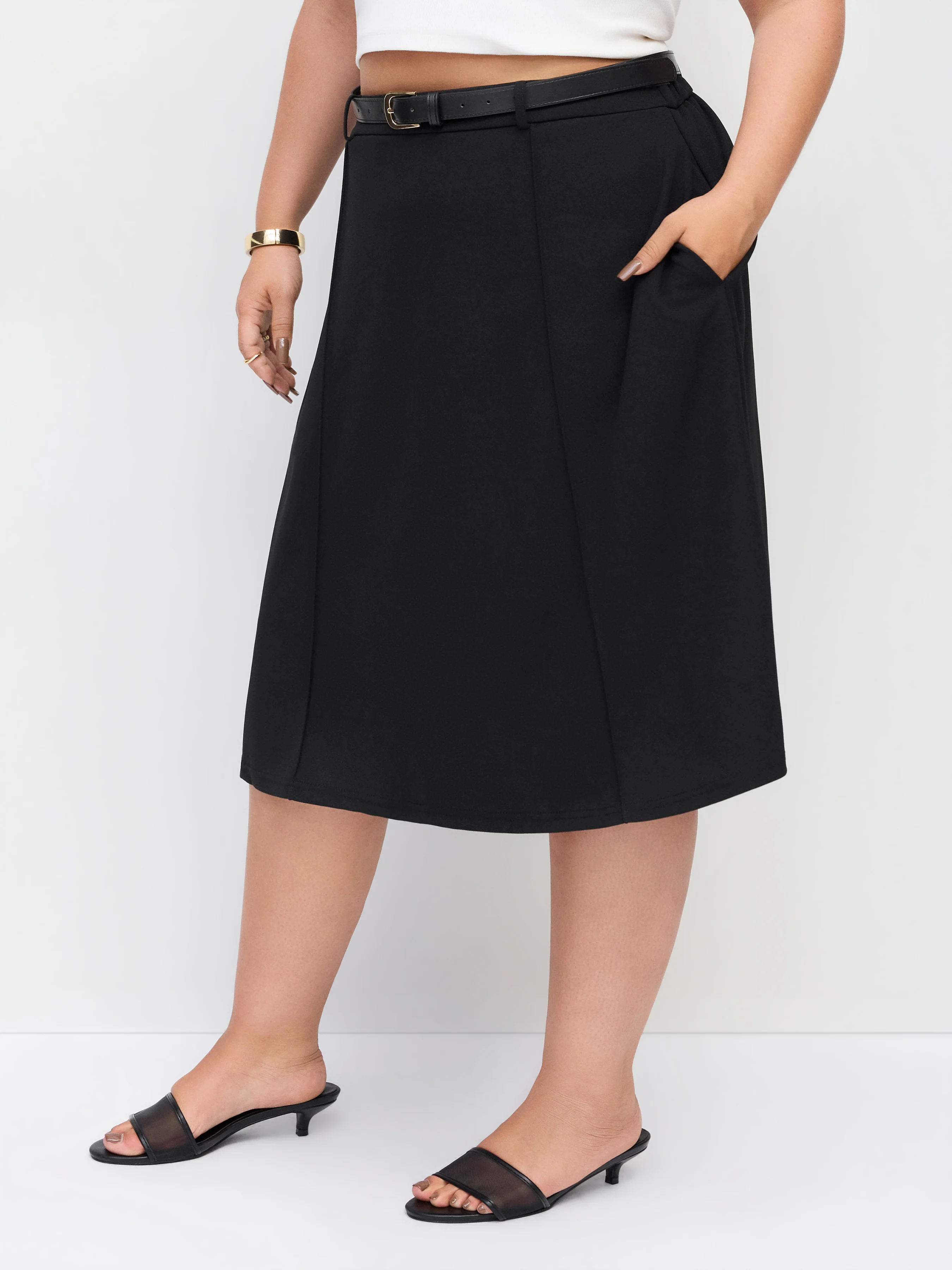 Mid Rise A-line Zipper Midi Skirt With Belt Curve & Plus