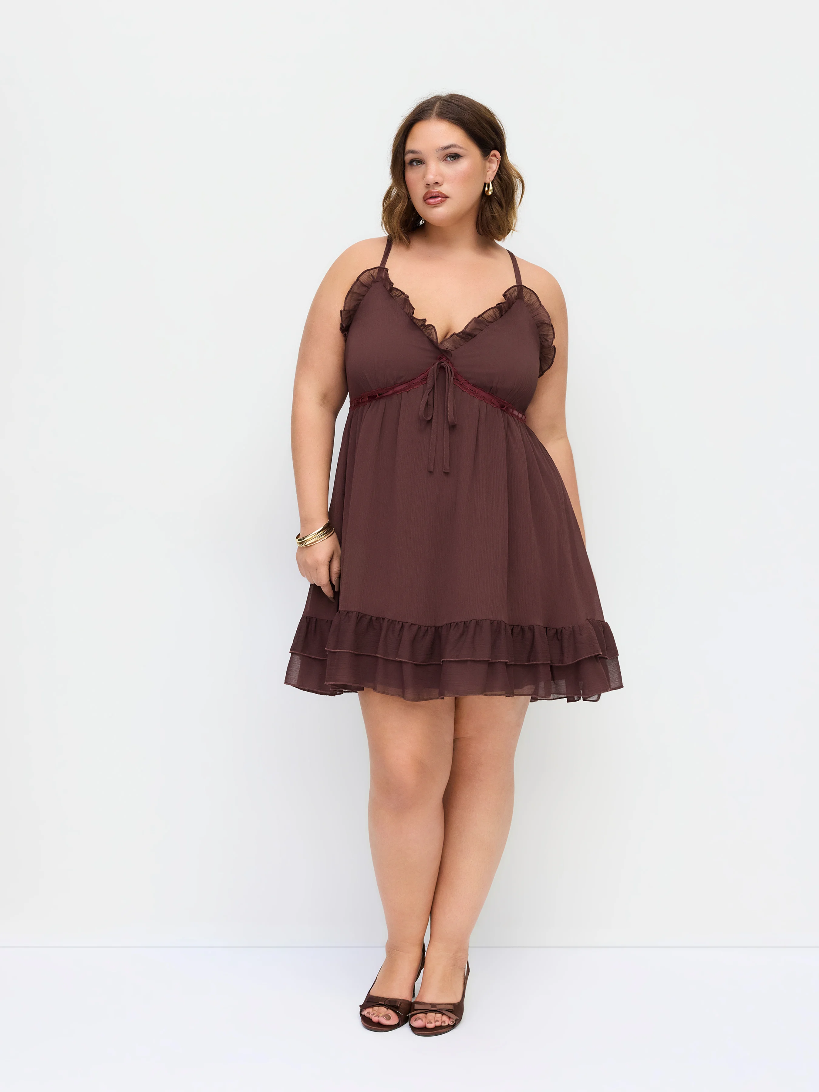 Chiffon V-Neck Lace Ruffle Hem Mini Dress Curve & Plus