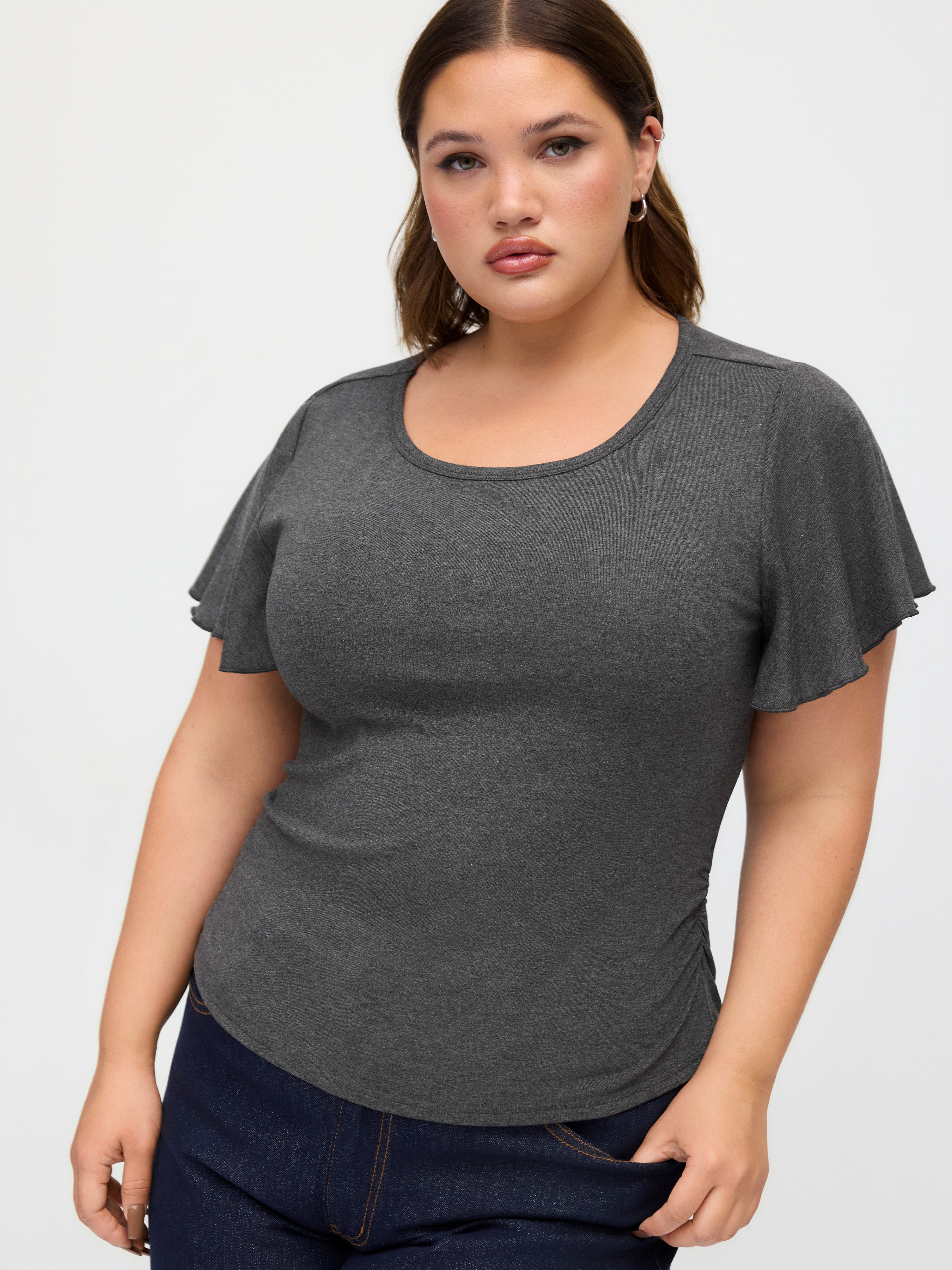 Round Neckline Ruffle Sleeve Ruched Waist Top Curve & Plus