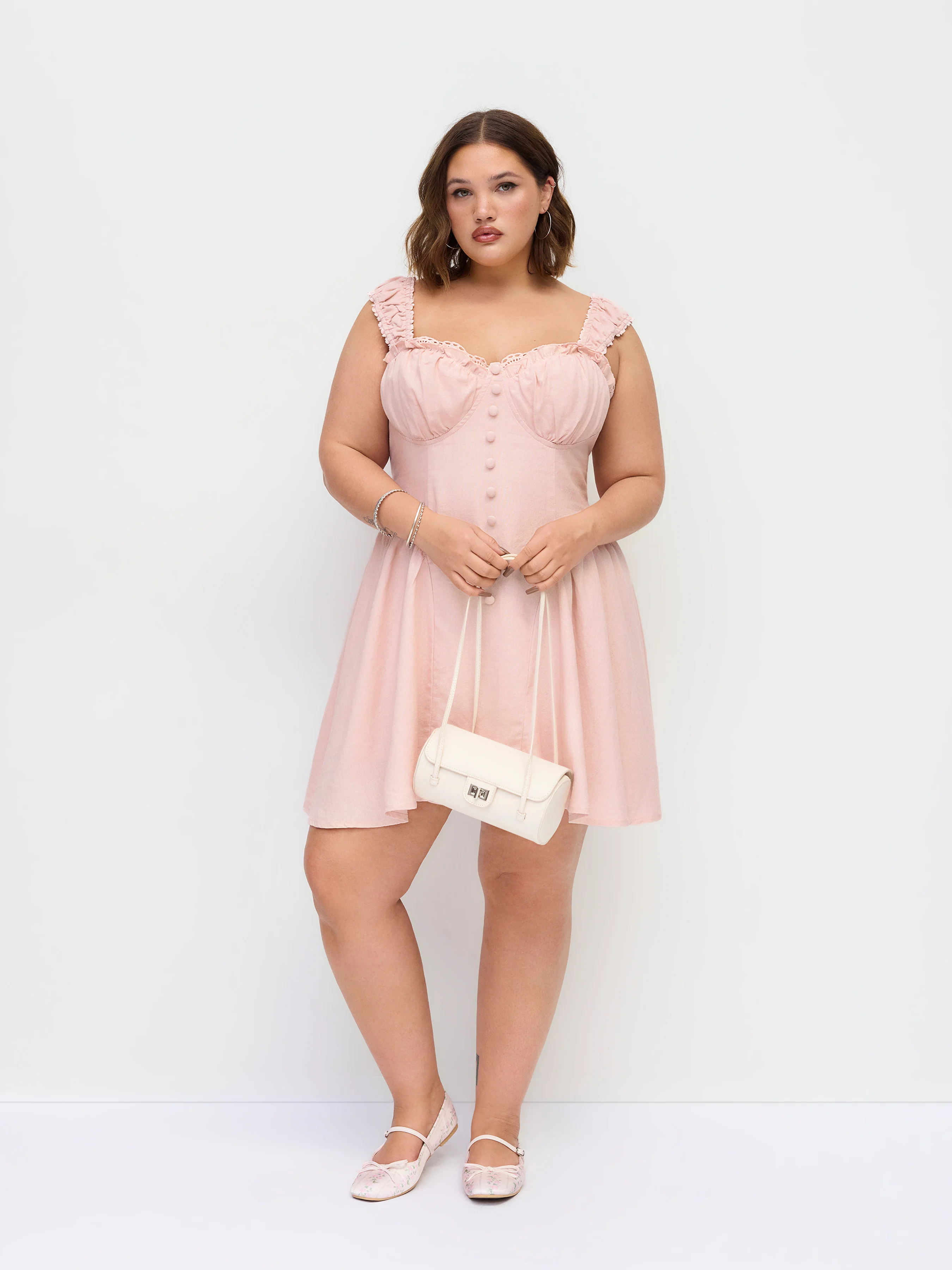 Linen-blend Sculptural Sweetheart Shirred Draped Flared Mini Dress Curve & Plus