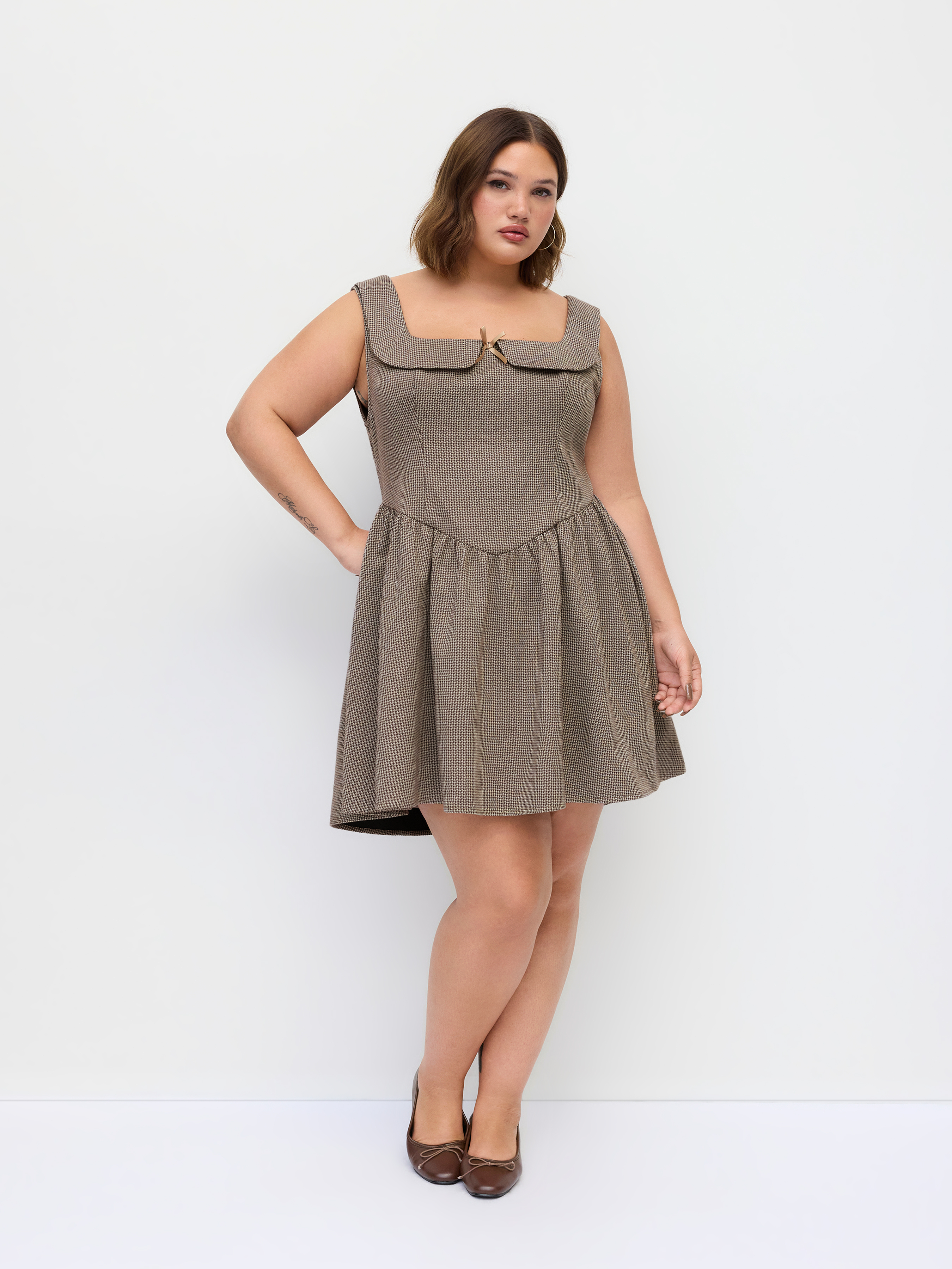 Jacquard Square Neck Houndstooth Bowknot Flared Mini Dress Curve & Plus
