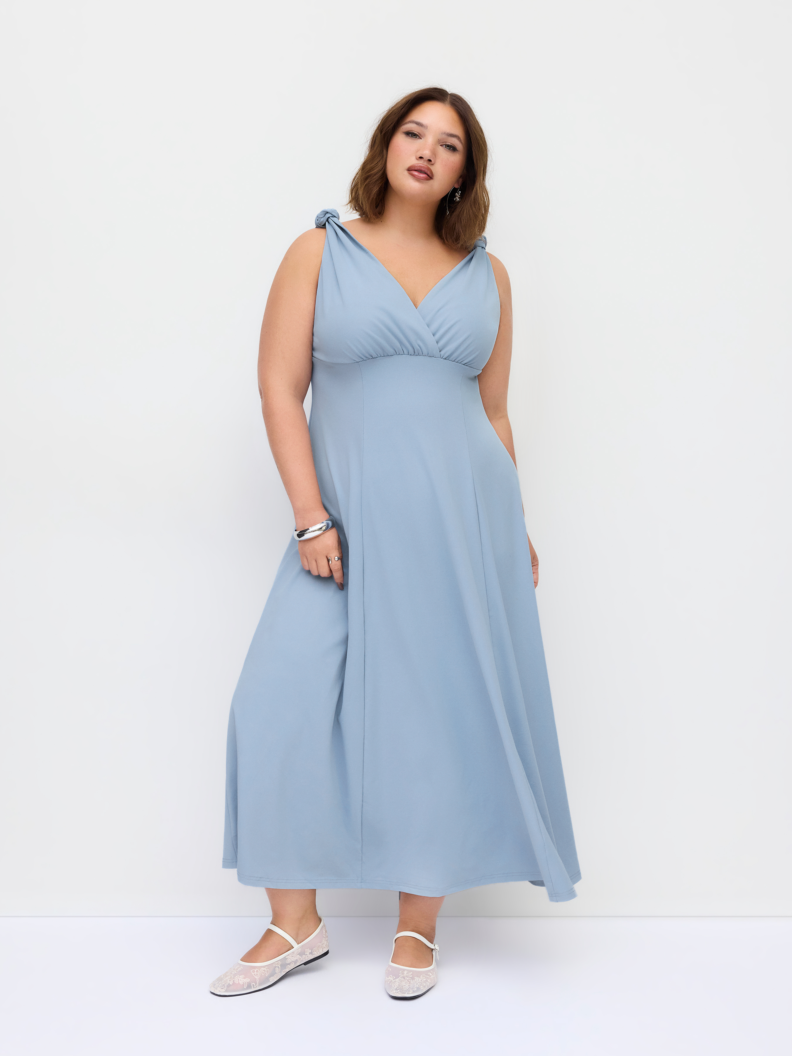 High Stretch V-neck Knotted A-line Maxi Dress Curve & Plus