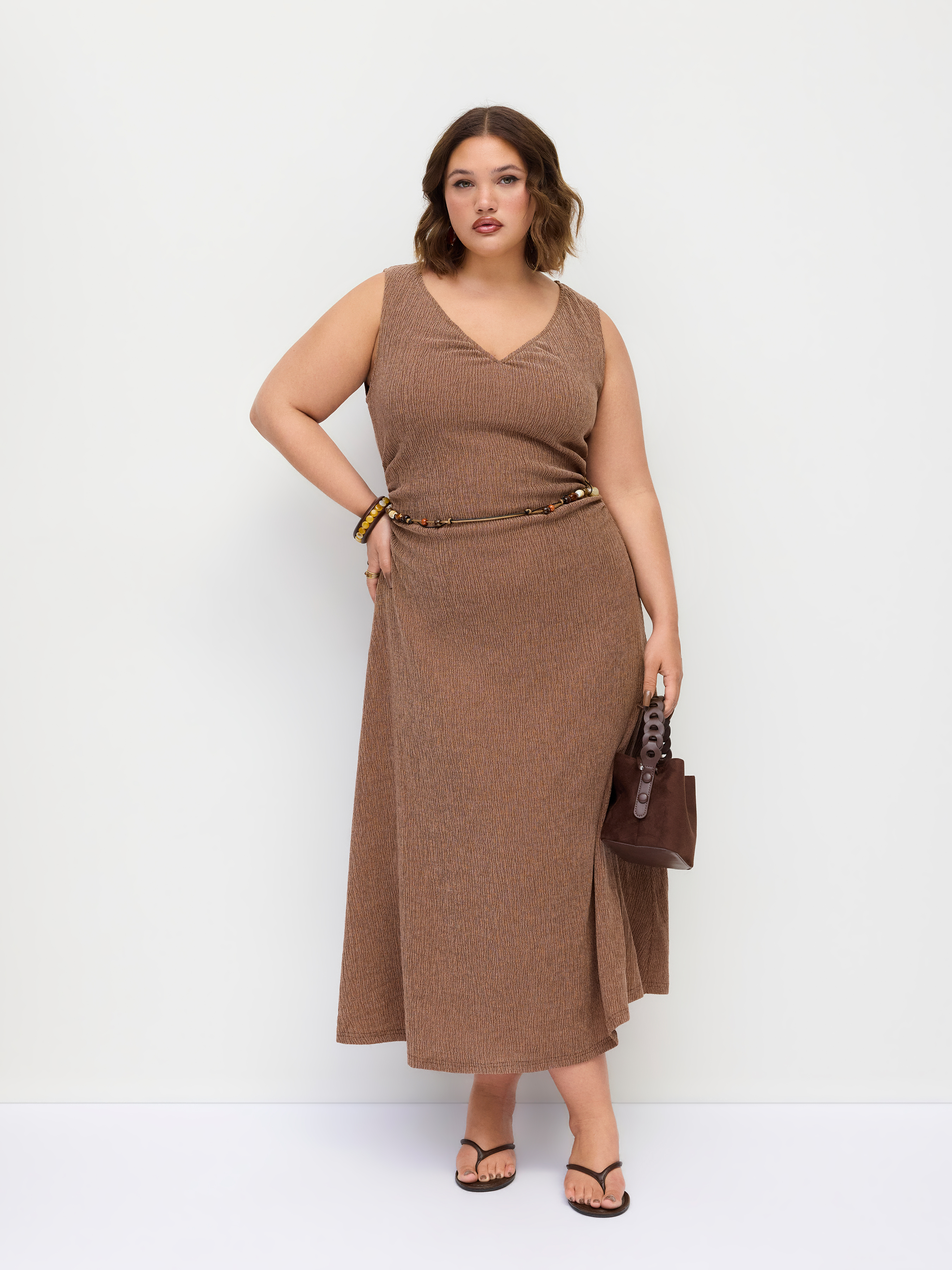 Textured V-neck Sleeveless A-line Maxi Dress With Beaded Belt Curve & Plus