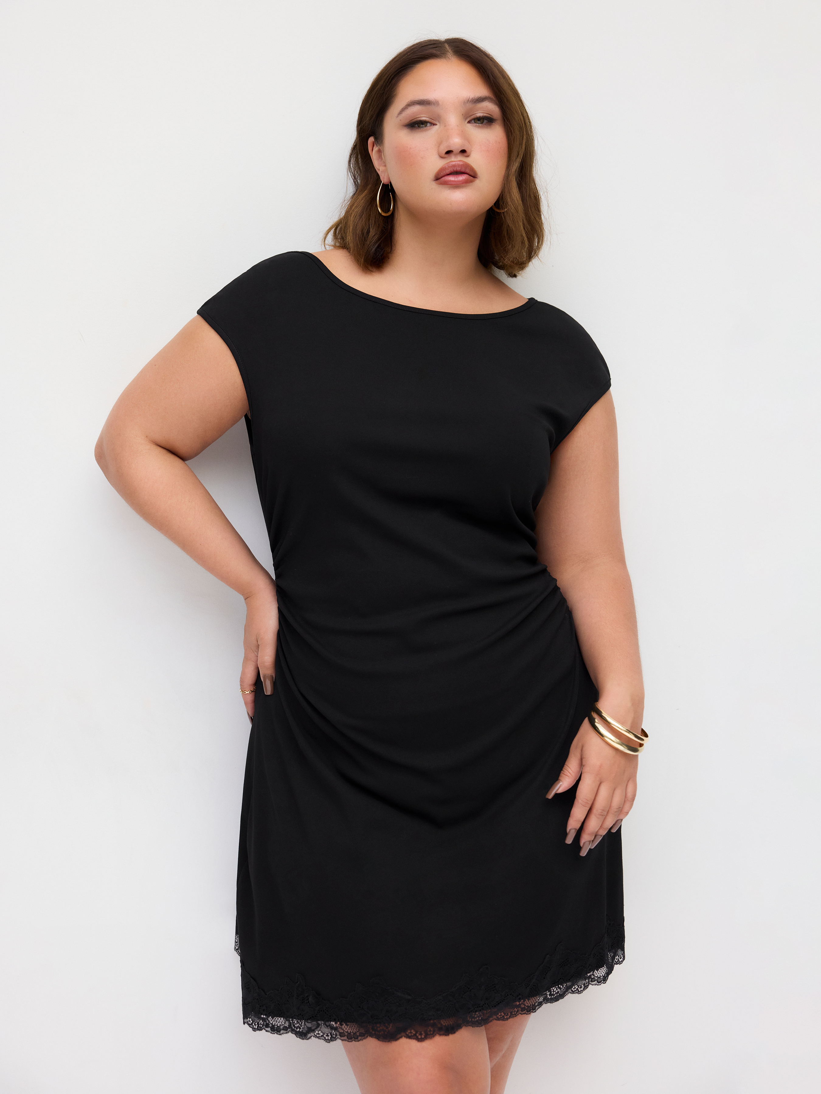 Cotton-blend Boat Neck Ruched Lace Panel A-line Mini Dress Curve & Plus