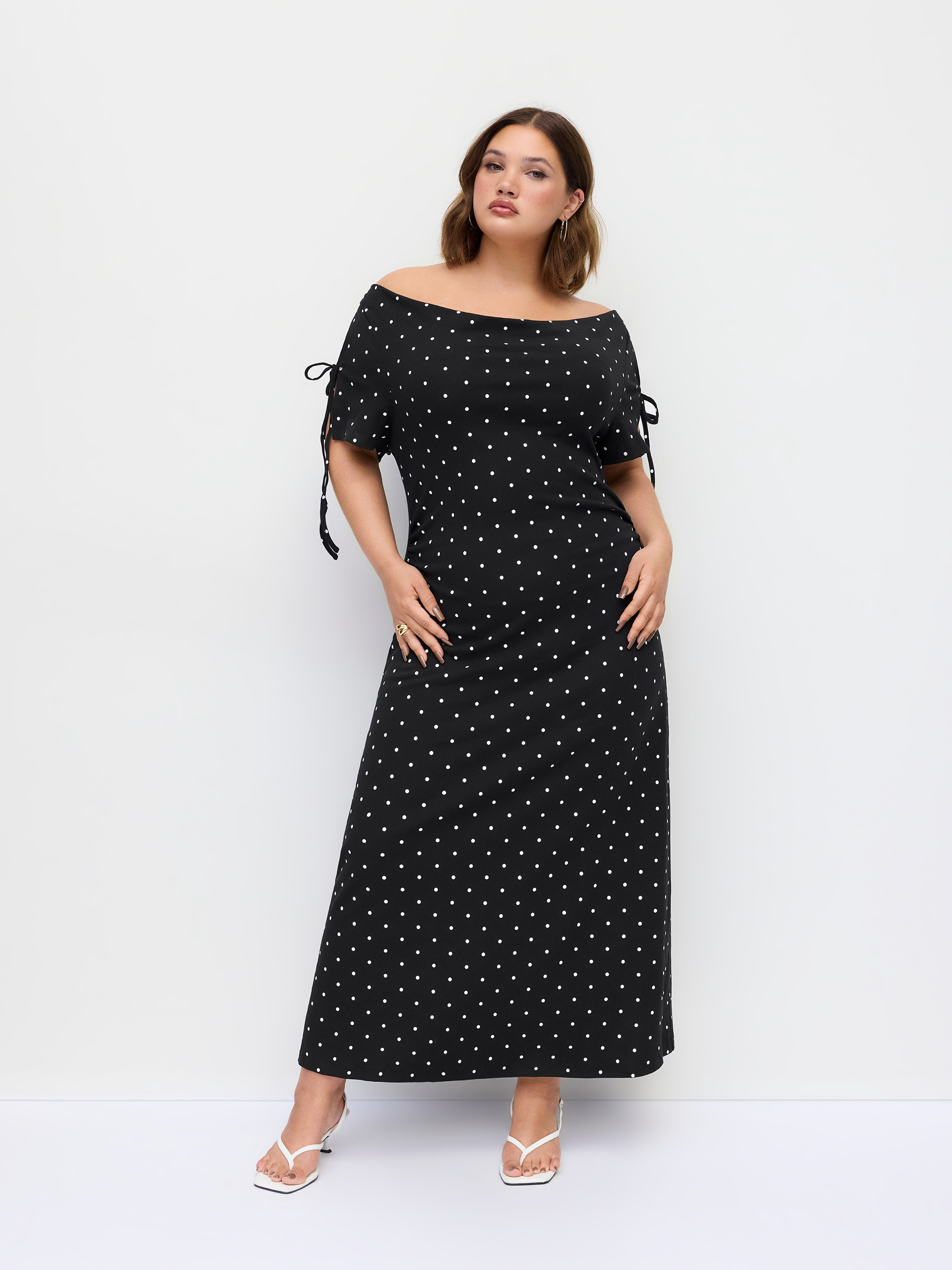 Knit Fabric Off-shoulder Spots Polka Dot Knotted Maxi Dresses Curve & Plus