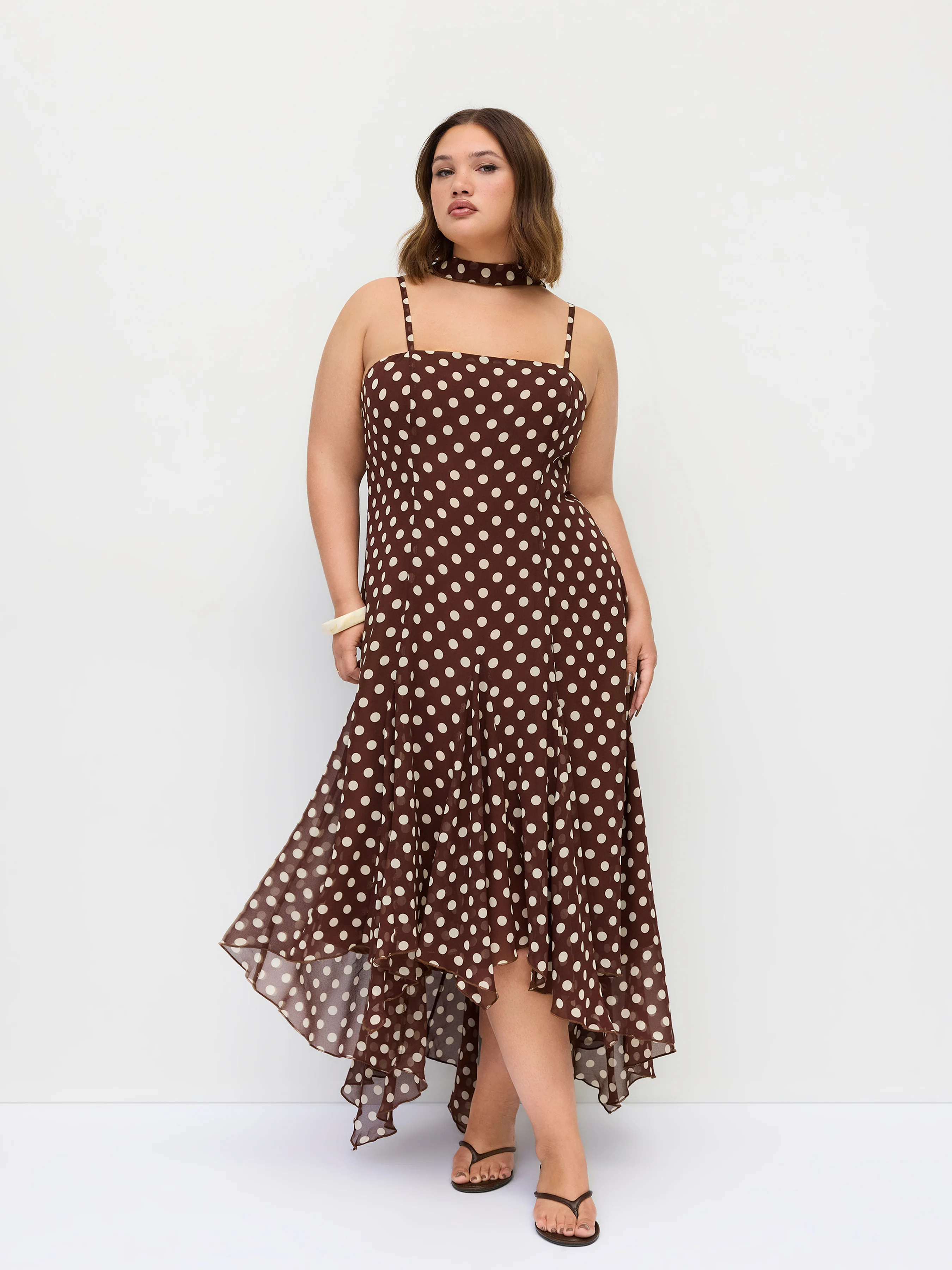 Chiffon Halter Neckline Polka Dot Ruffled Hem Ruched Maxi Dress Curve & Plus
