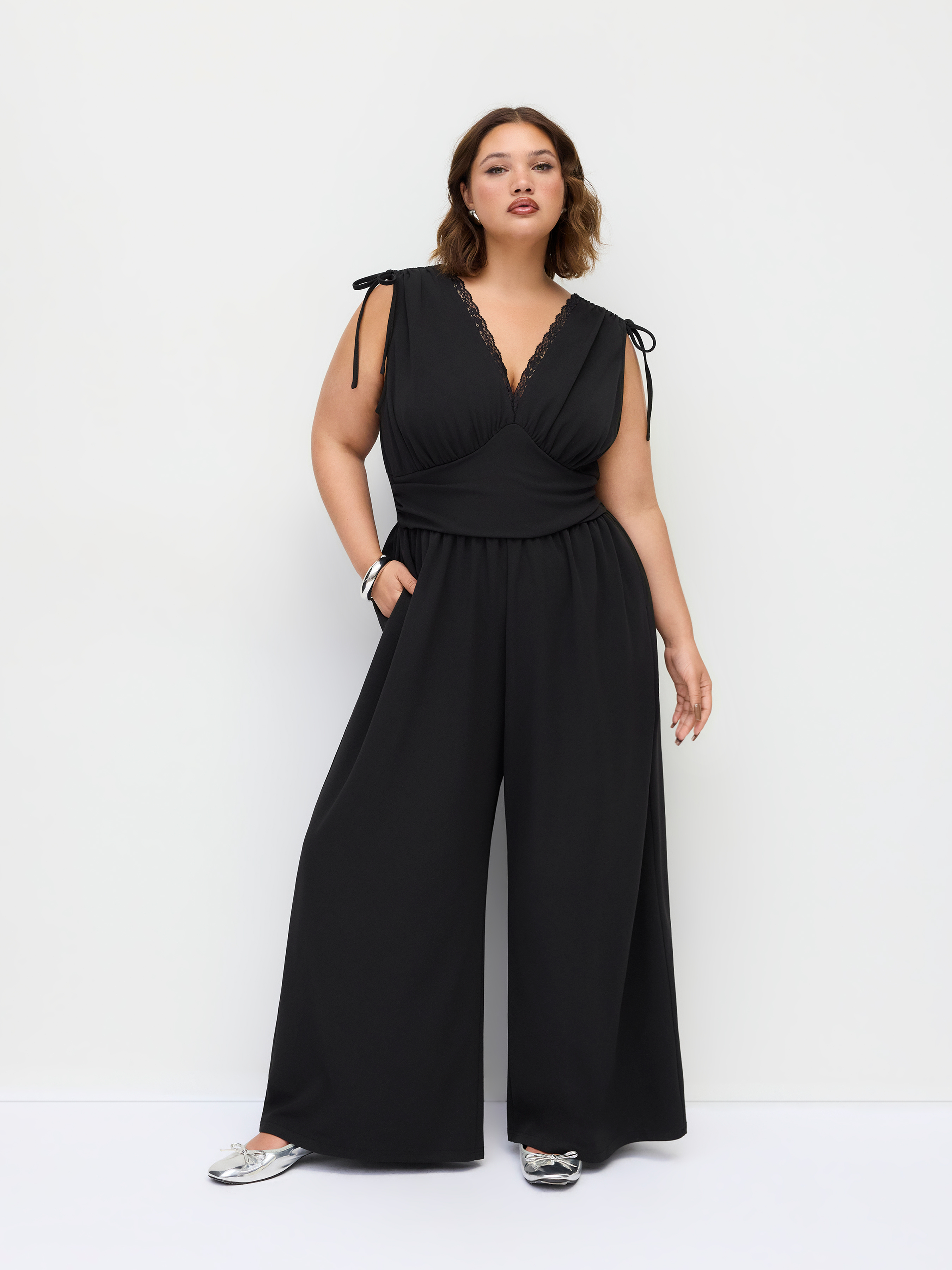 V-neck Lace Trim Ruched Bowknot Mid Rise Wide Leg Jumpsuit Curve & Plus