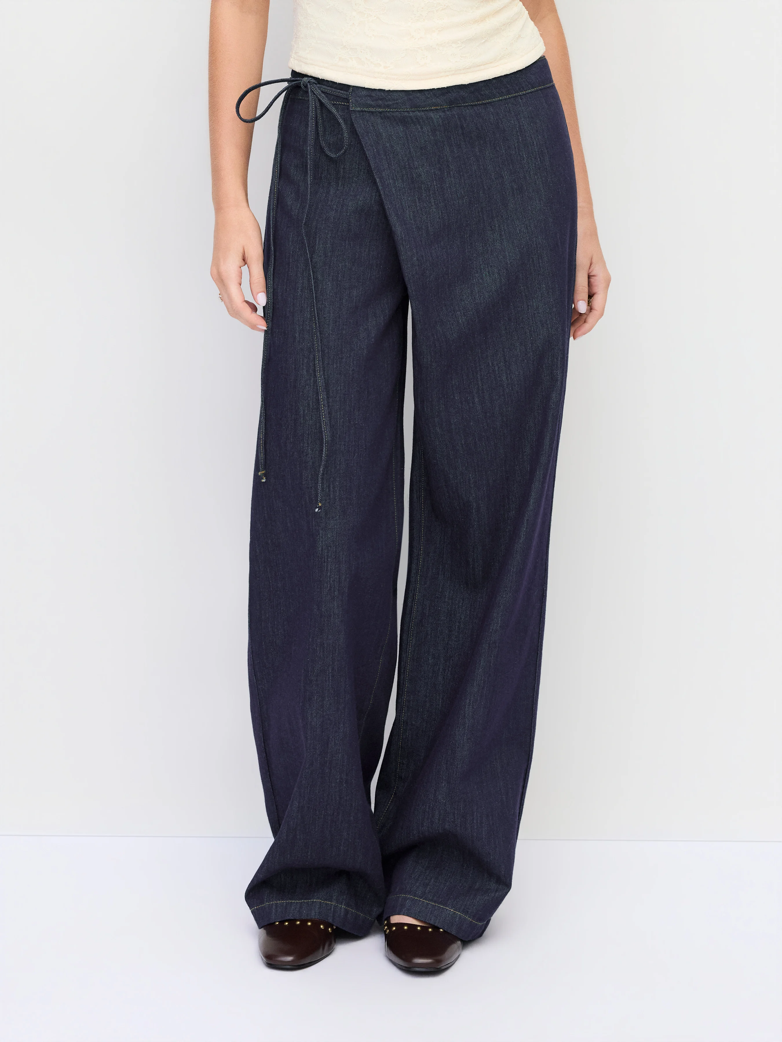 Denim Low Rise Washed Wrap Wide Leg Jeans With Belt