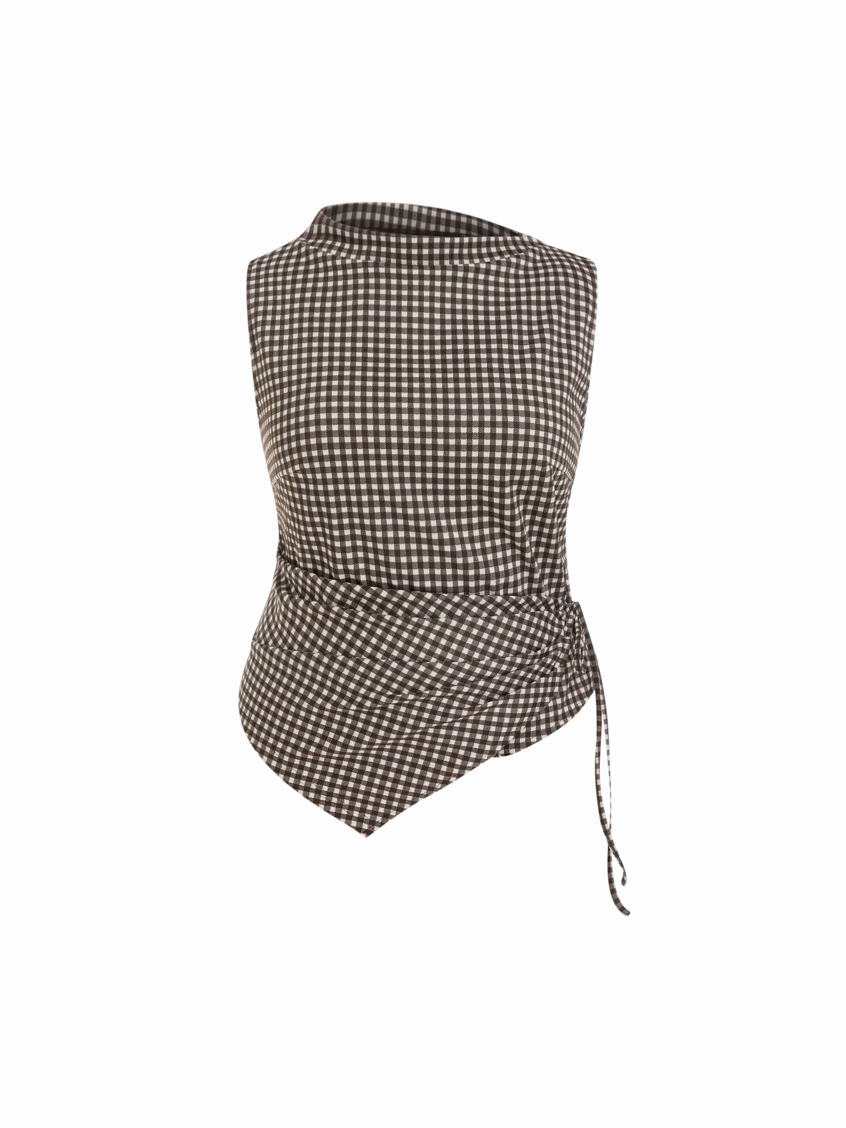 Gingham Stand Collar Asymmetrical Hem Ruched Knotted Top Curve & Plus