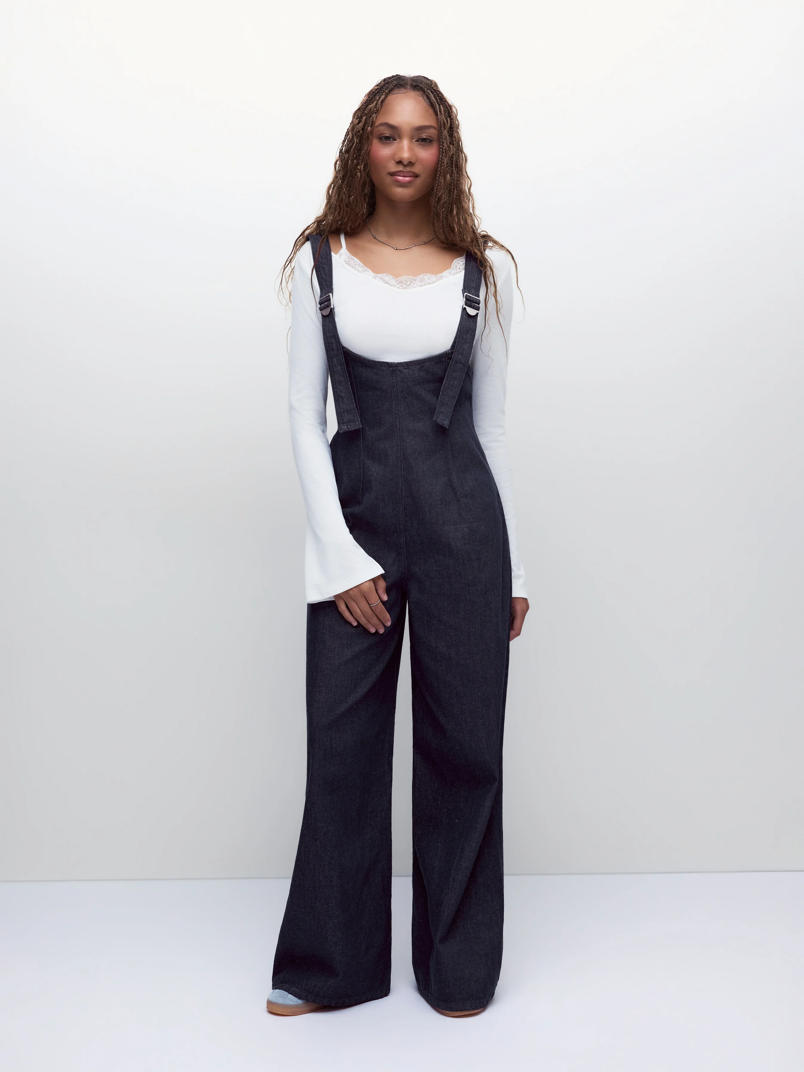Denim Washed High Rise Ruched Buckle Detail Wide Leg Jumpsuit
