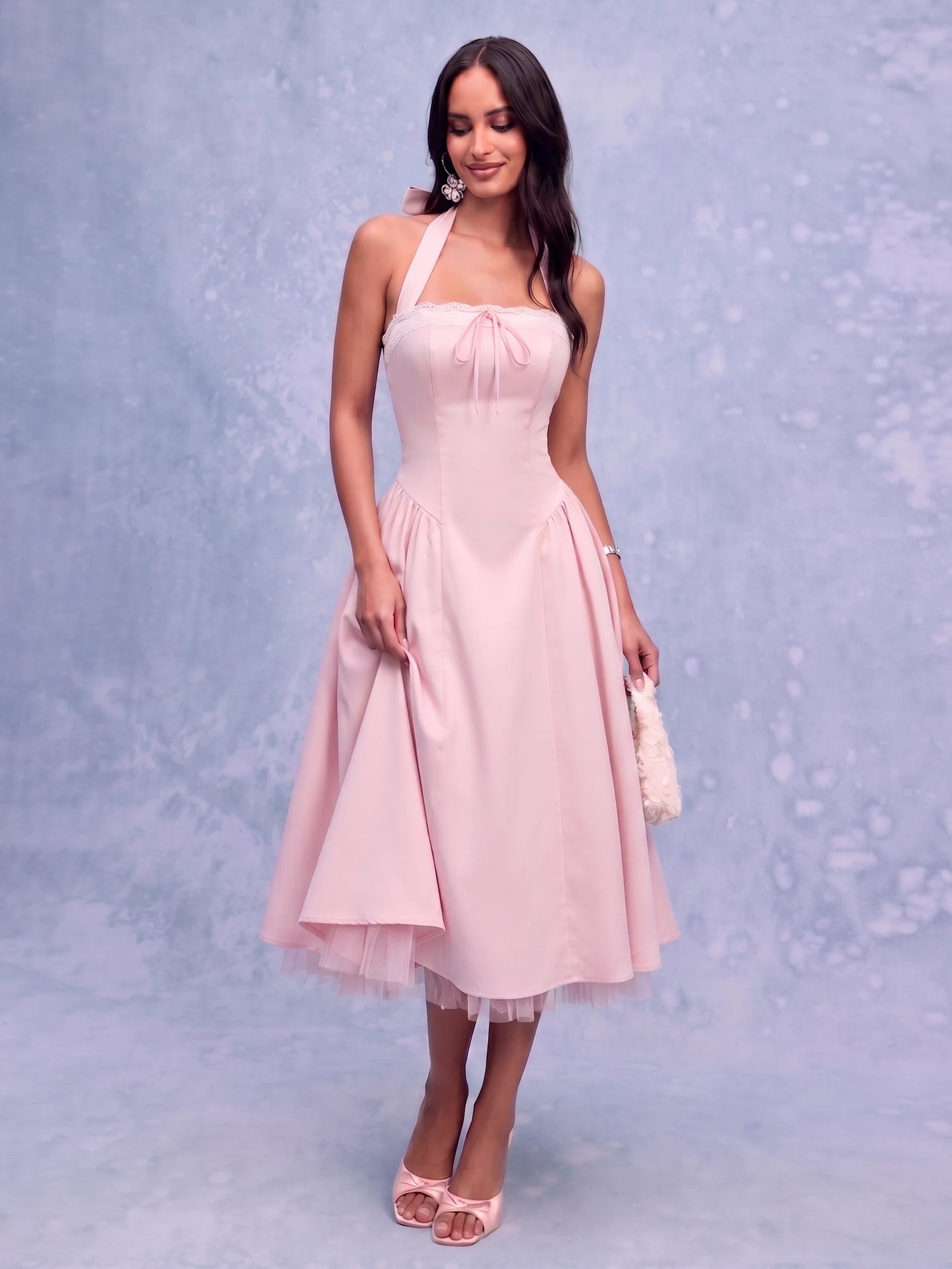 Satin Halter Neckline Bowknot Lace Trim Draped Milkmaid Midi Dress