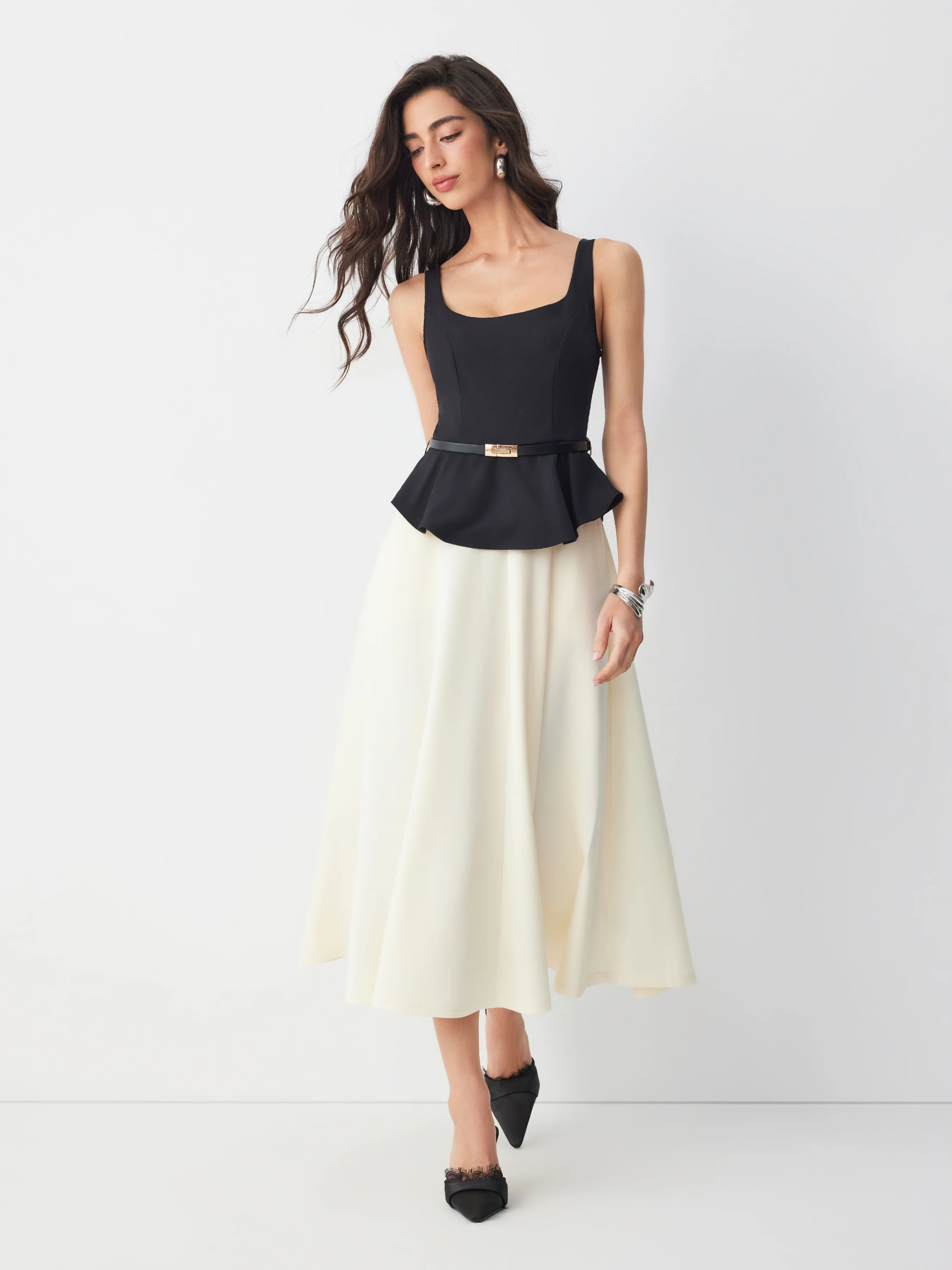 Cotton-blend Color-block Square Neck Peplum A-line Maxi Dress With Belt