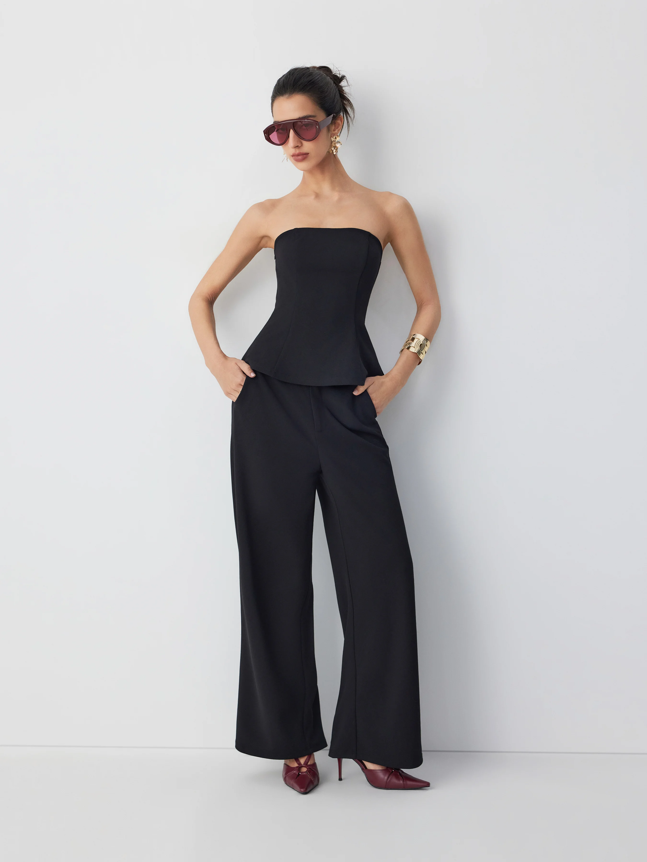 Peplum Bandeau Top & Mid Rise Straight Leg Trousers Set