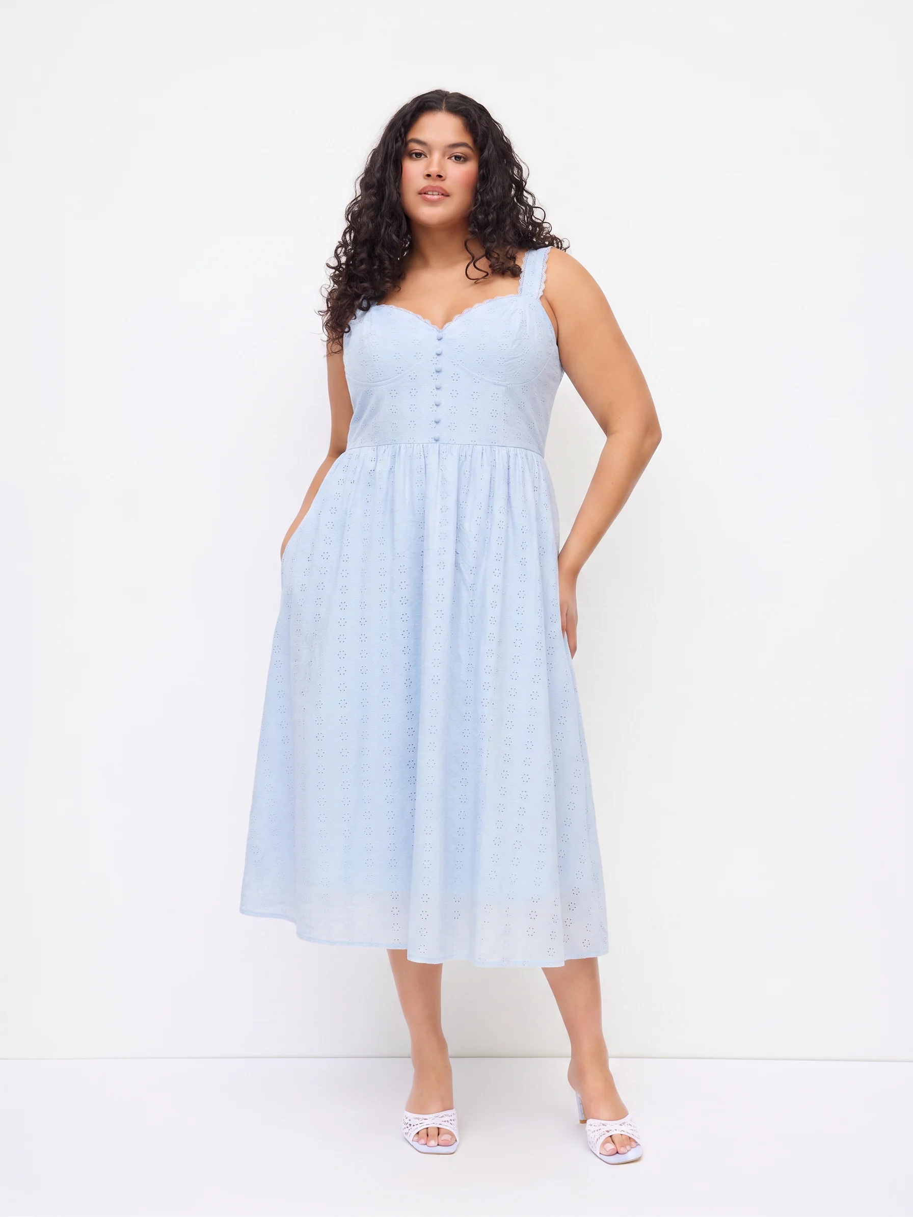 Cotton V-neck Broderie Anglaise Floral Button Maxi Dress Curve & Plus