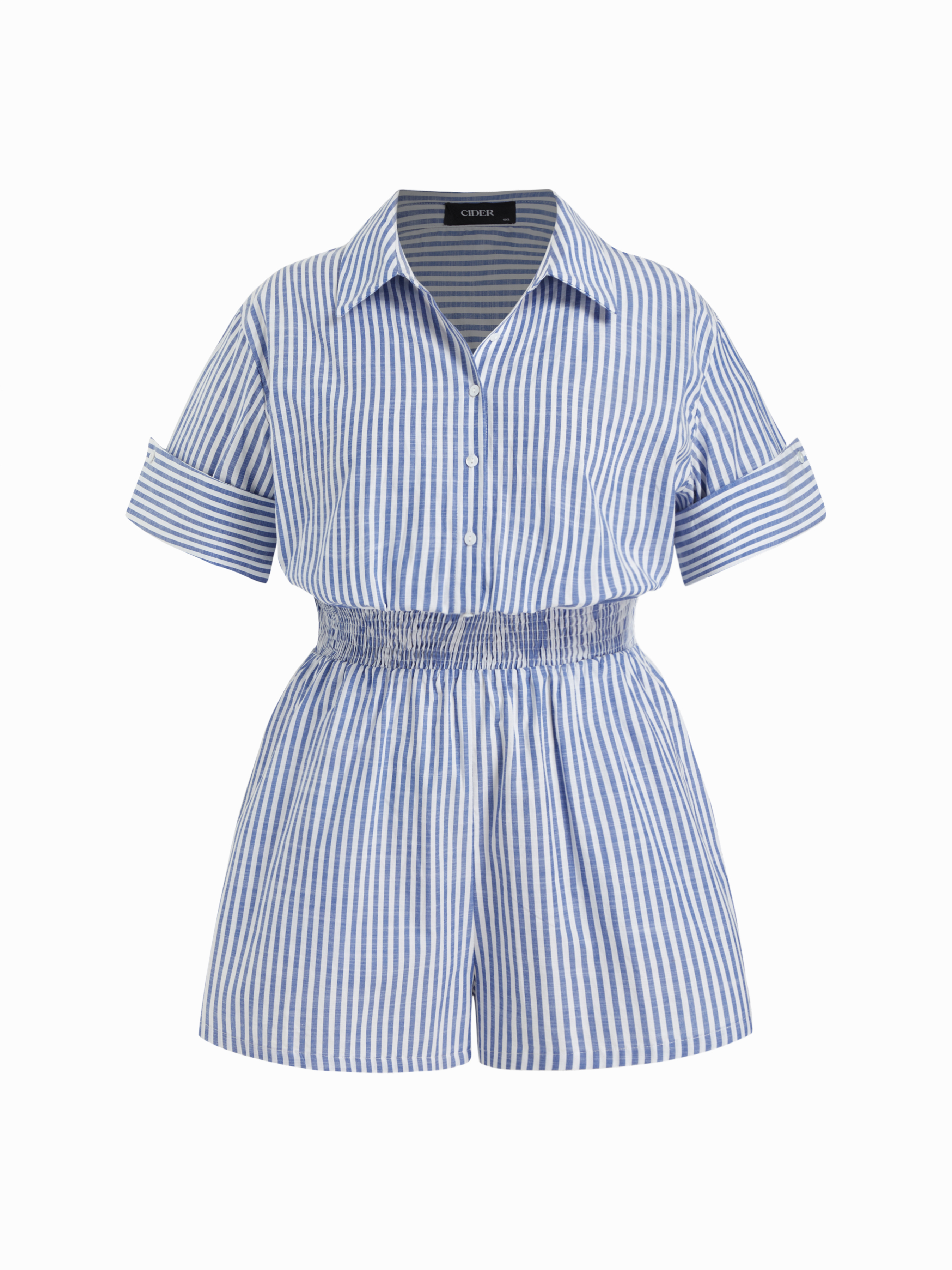 Cotton-Blend Striped Collar Shirred Waist Romper Curve & Plus