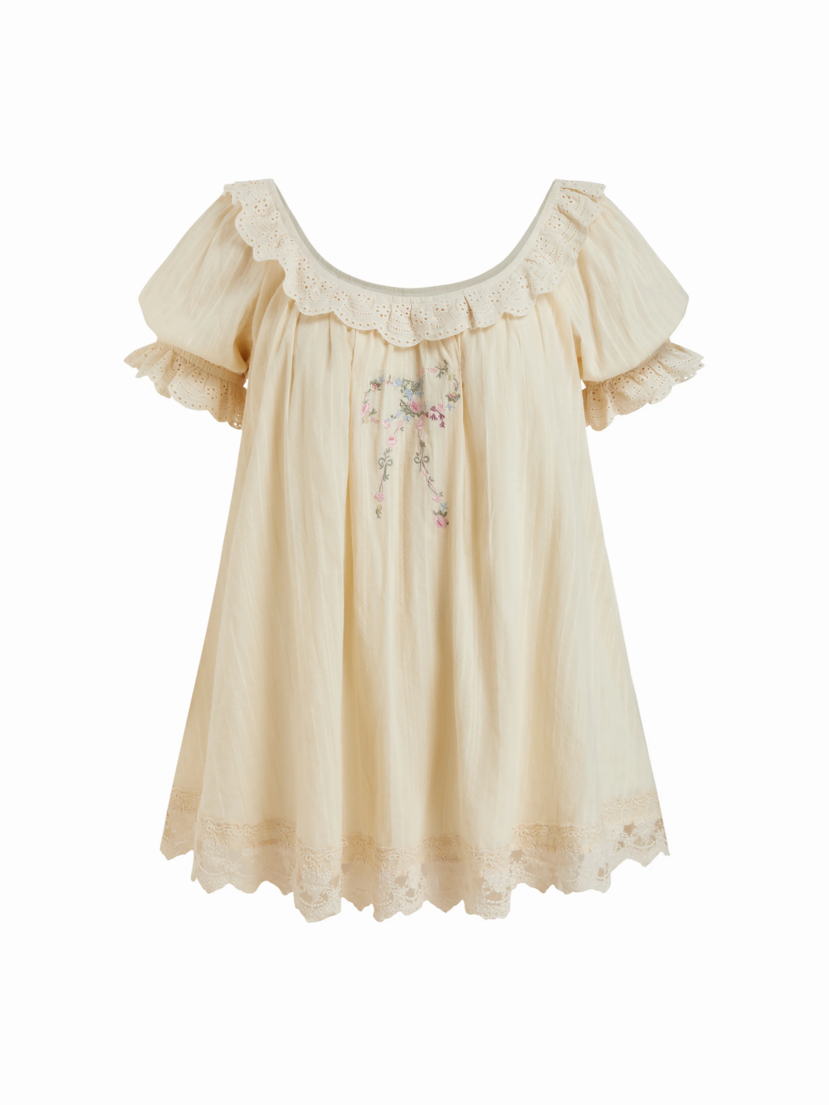 Cotton-blend Floral Graphic Scoop Neck Puff S leeve Lace Babydoll Mini Dress Curve & Plus