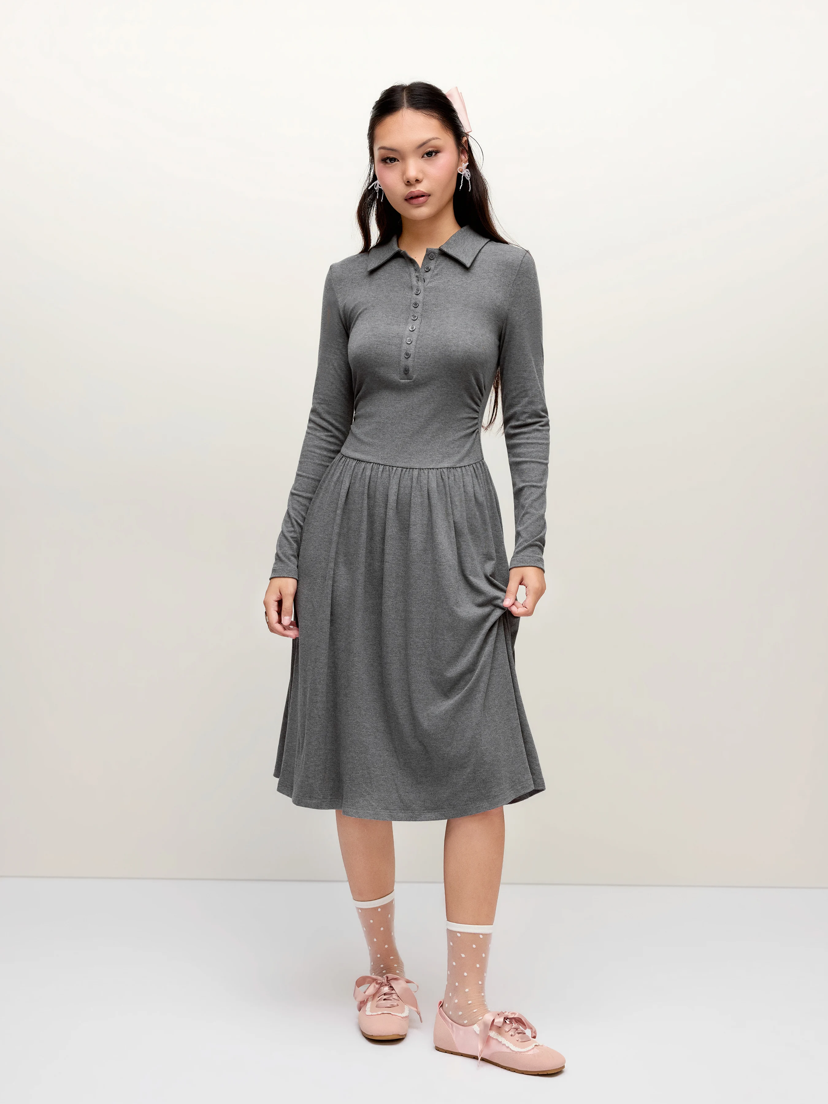 High Stretch Polo Neck Ruched Midi Dress