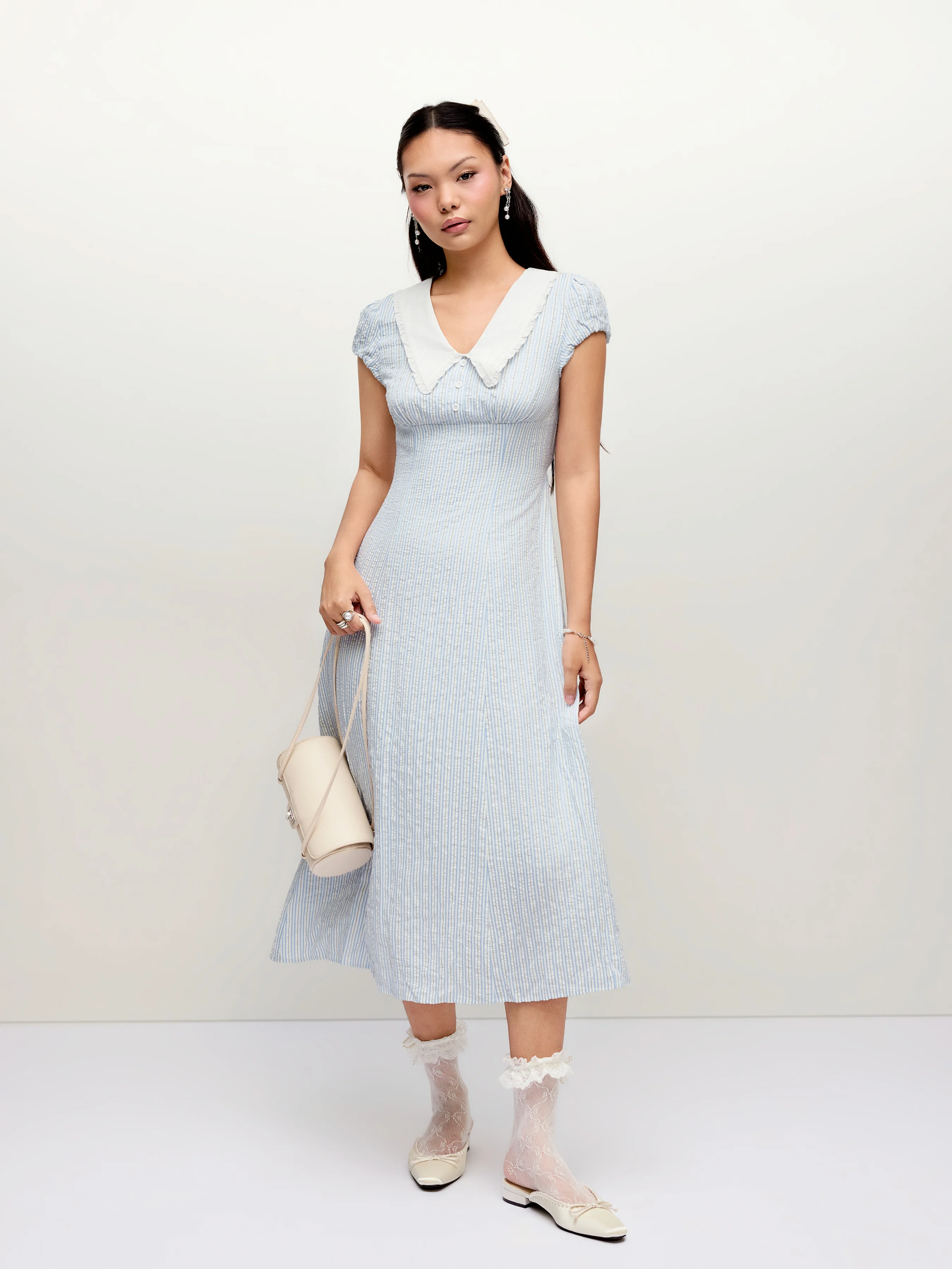 Striped Peter Pan Collar Puff Sleeve Color-block A-line Maxi Dress