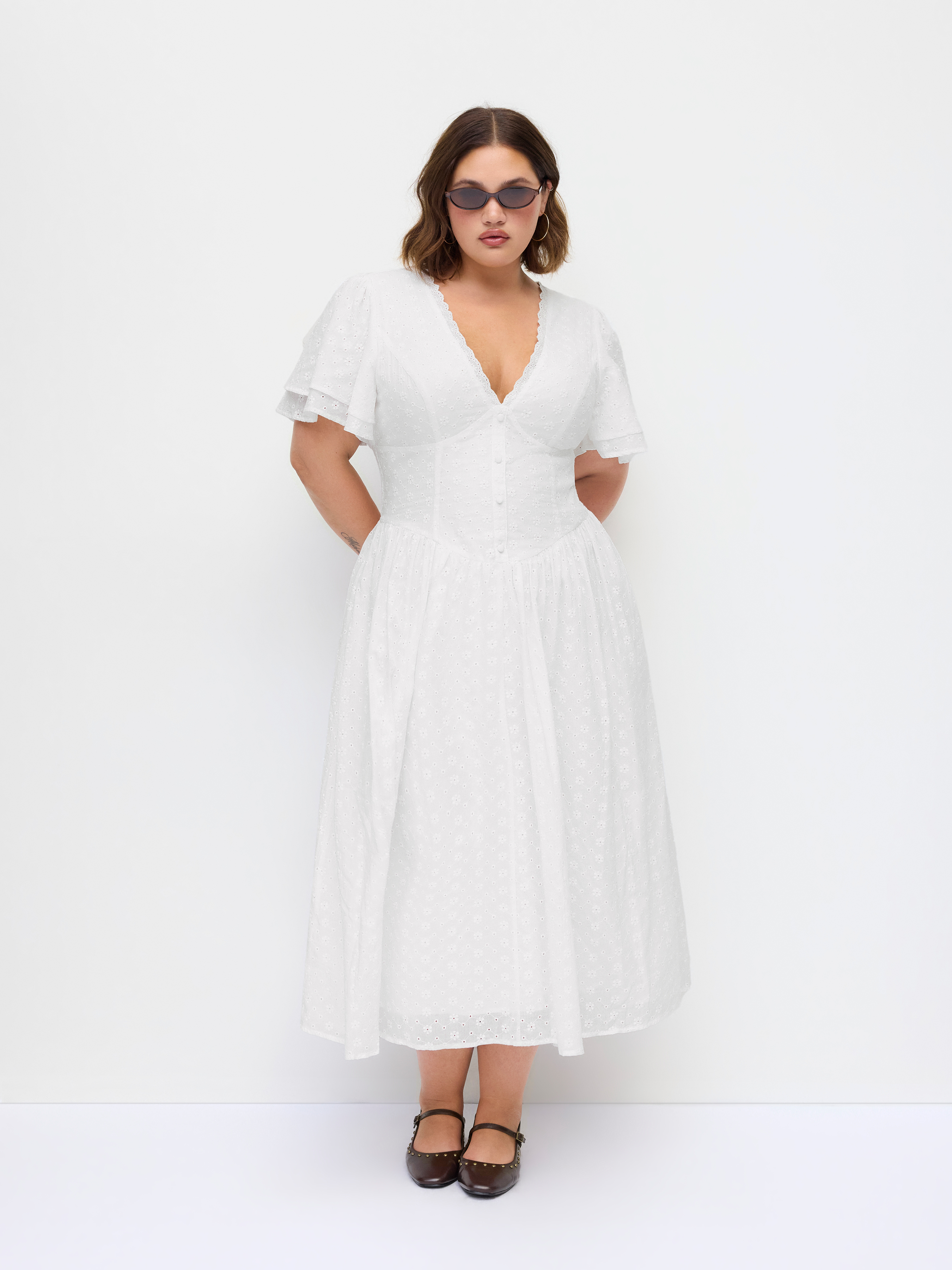 Cotton Floral Embroidery V-neck Ruffle Sleeve A-line Maxi Dress Curve & Plus