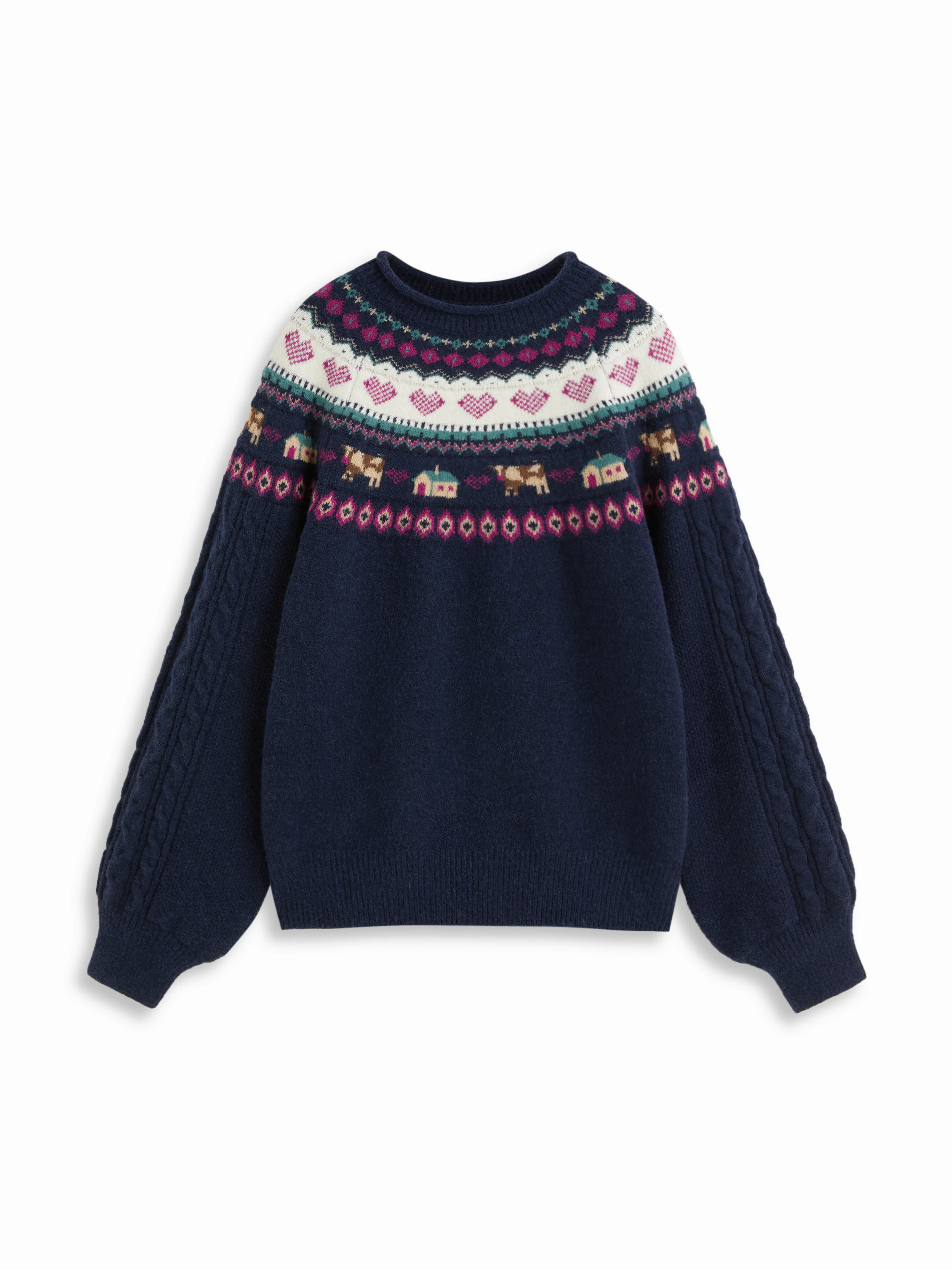 Cable Knit Cow & Heart Graphic Jacquard Oversized Sweater