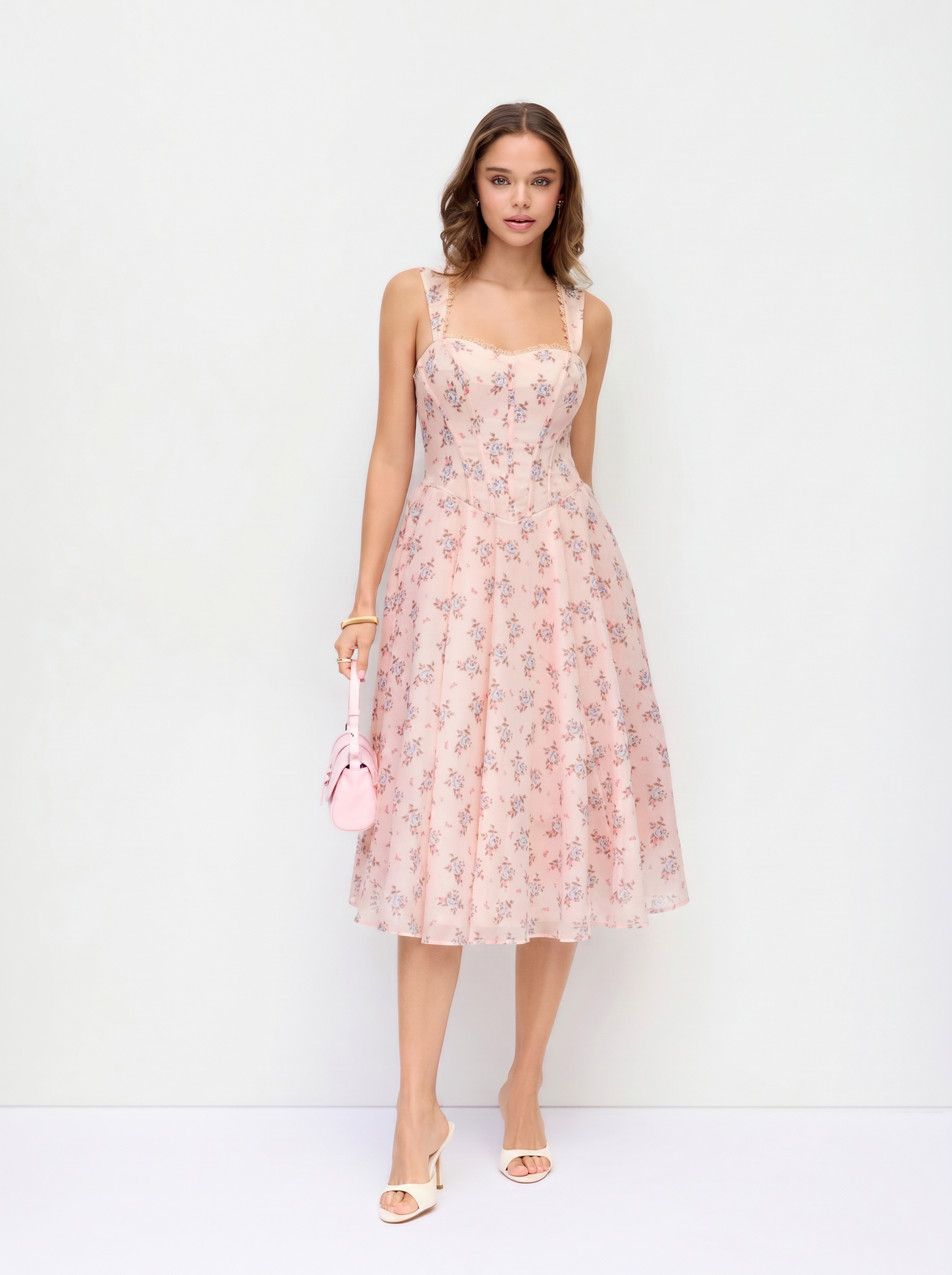 Cotton-blend Floral Square Neck Lace Trim Corset A-line Midi Dress