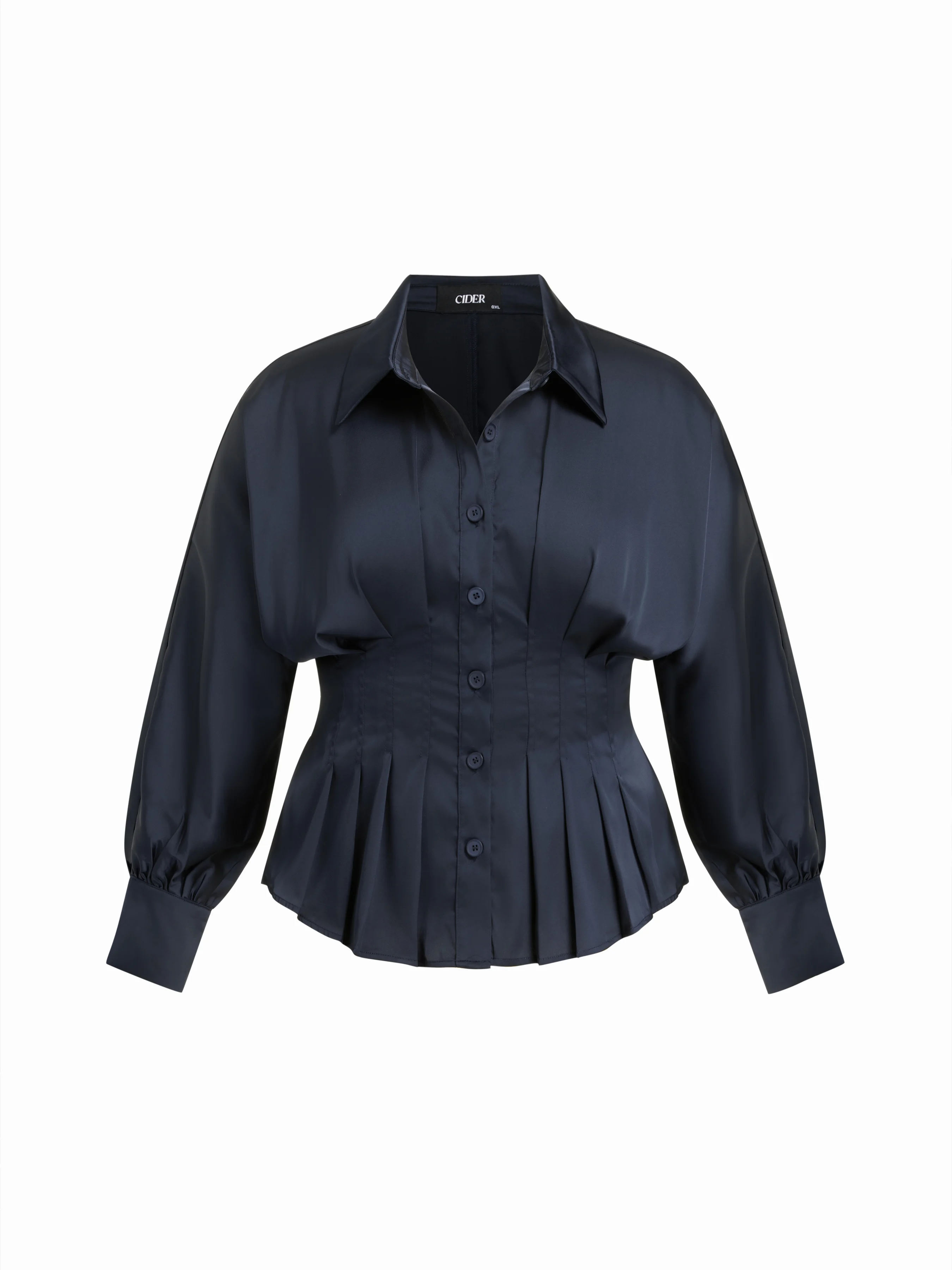 Satin Collar Ruffled Cinched Waist Lantern Sleeve Shirt Curve & Plus