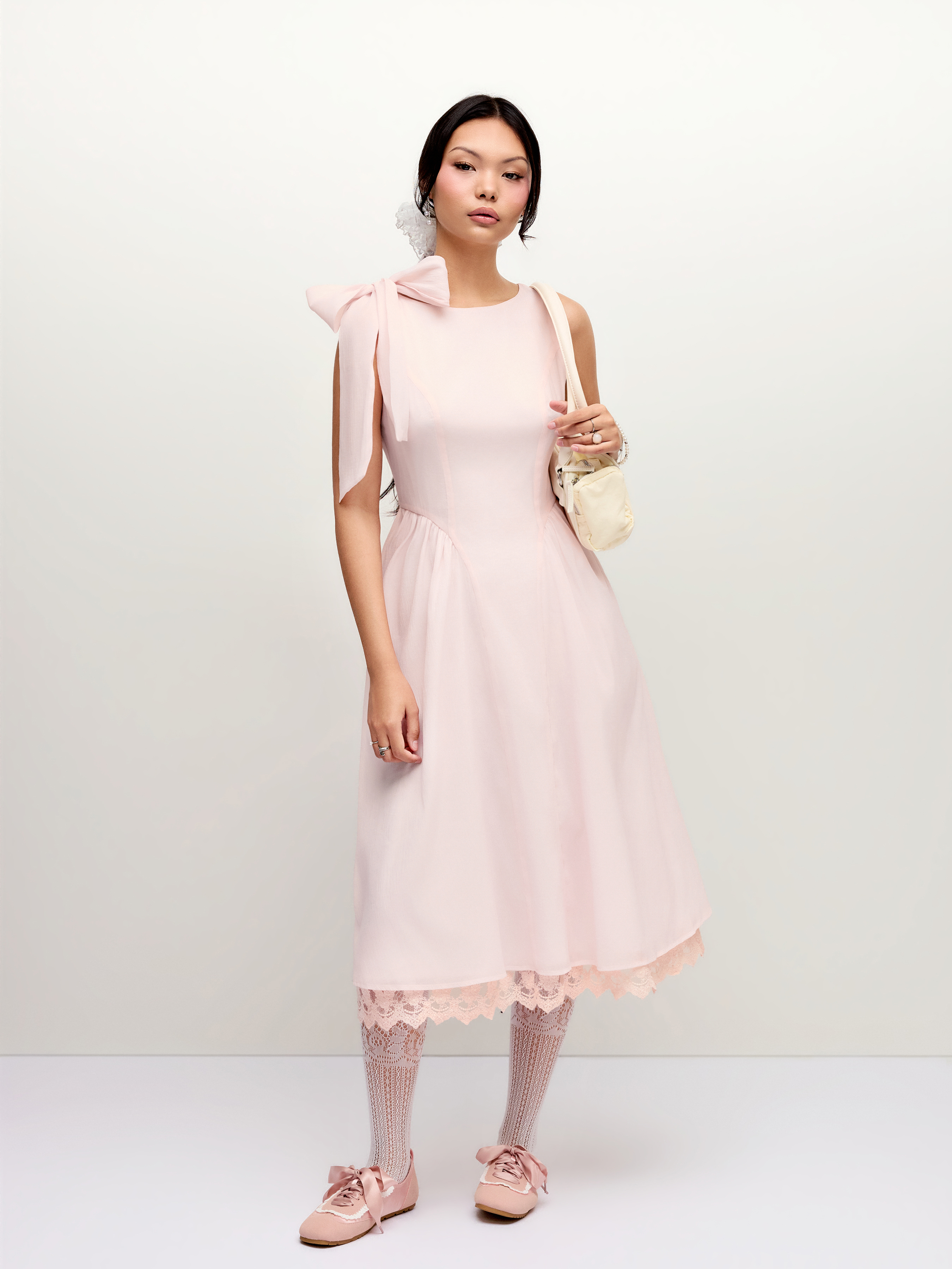 Boat Neck Bowknot Lace Trim A-line Midi Dress