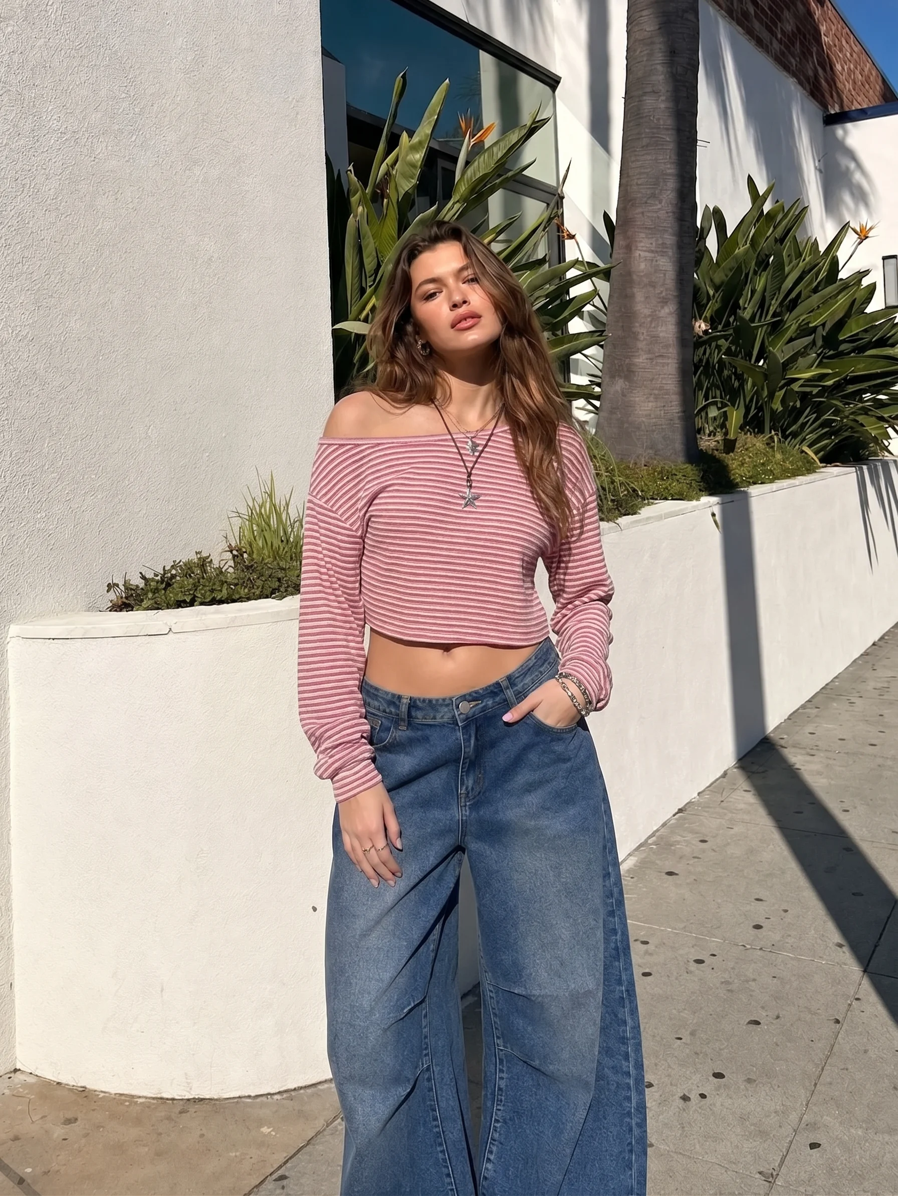 Cotton-blend Asymmetrical Neck Stripe Oversized Crop Sweatshirt