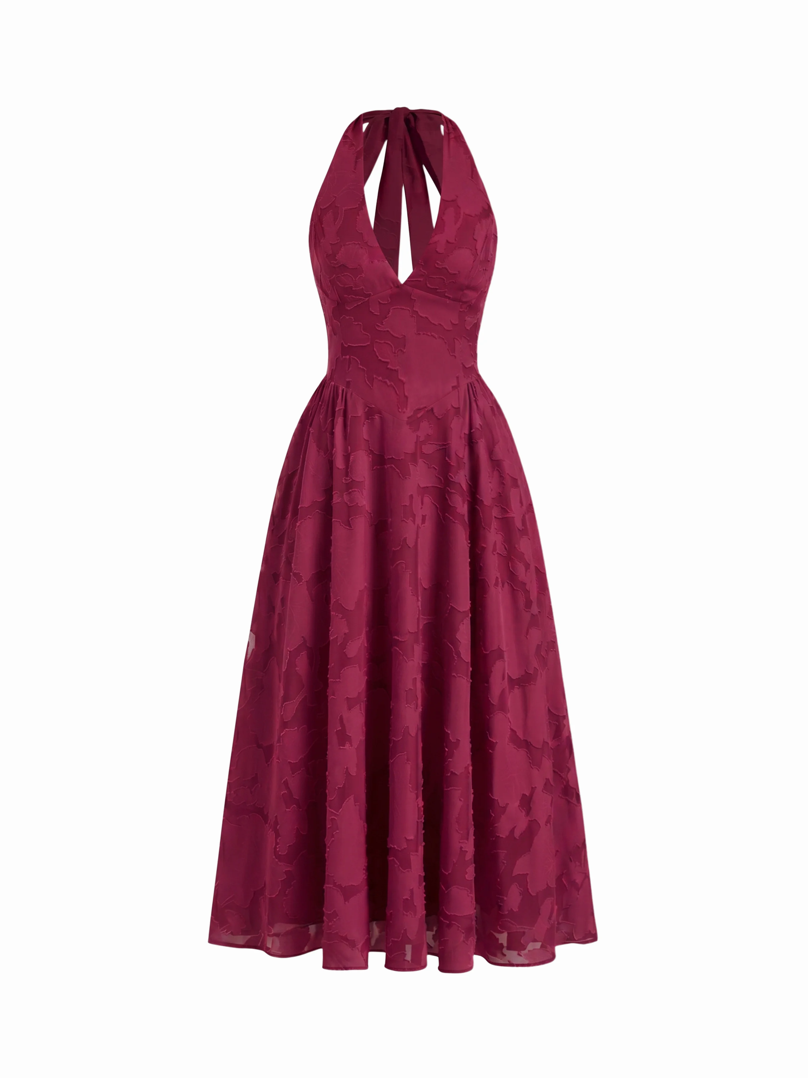 Jacquard Floral Halter Neckline Backless Flared Maxi Dress