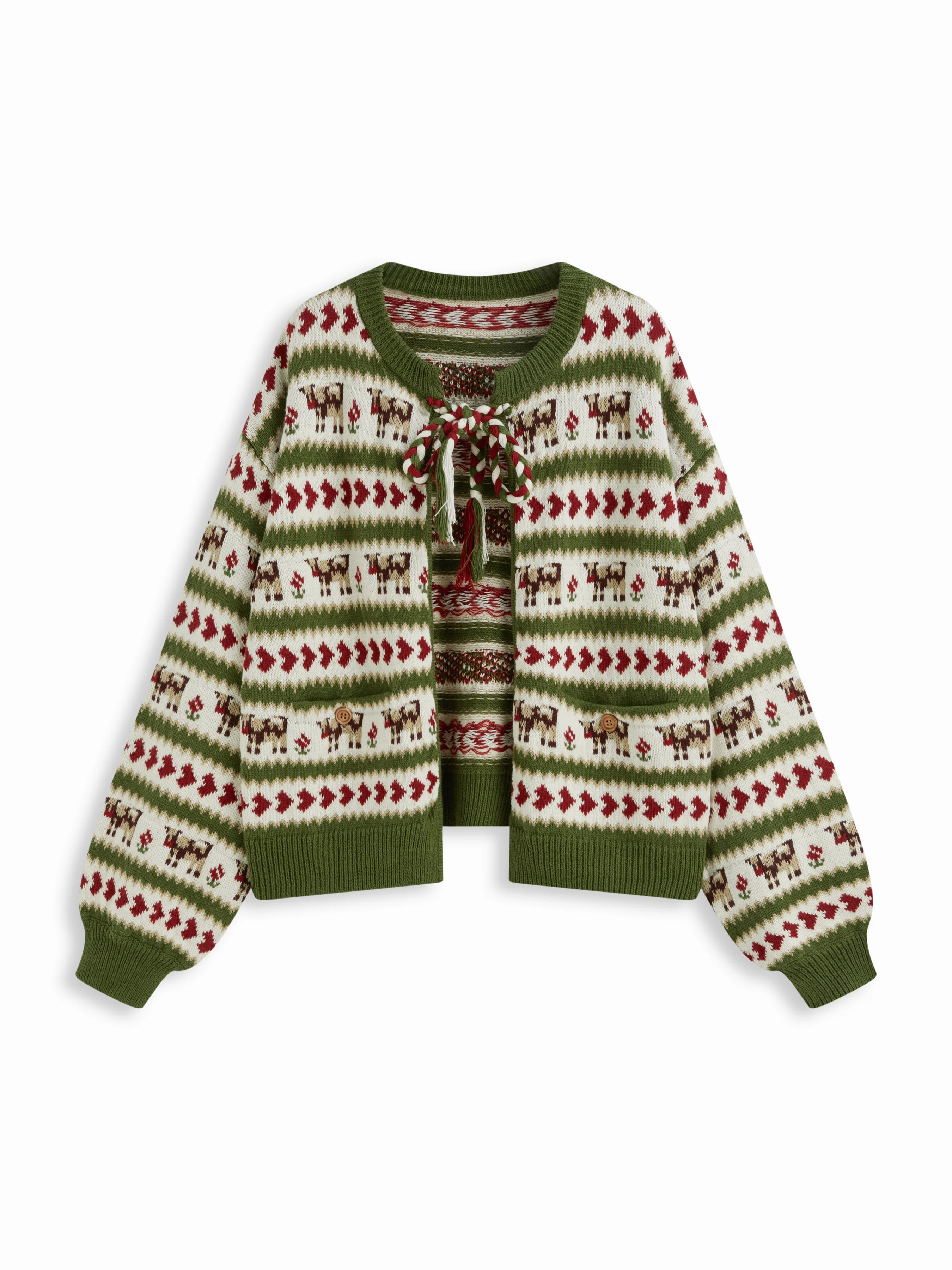 Knit Cotton-blend Cow Graphic Lace-up Lantern Sleeve Oversized Cardigan