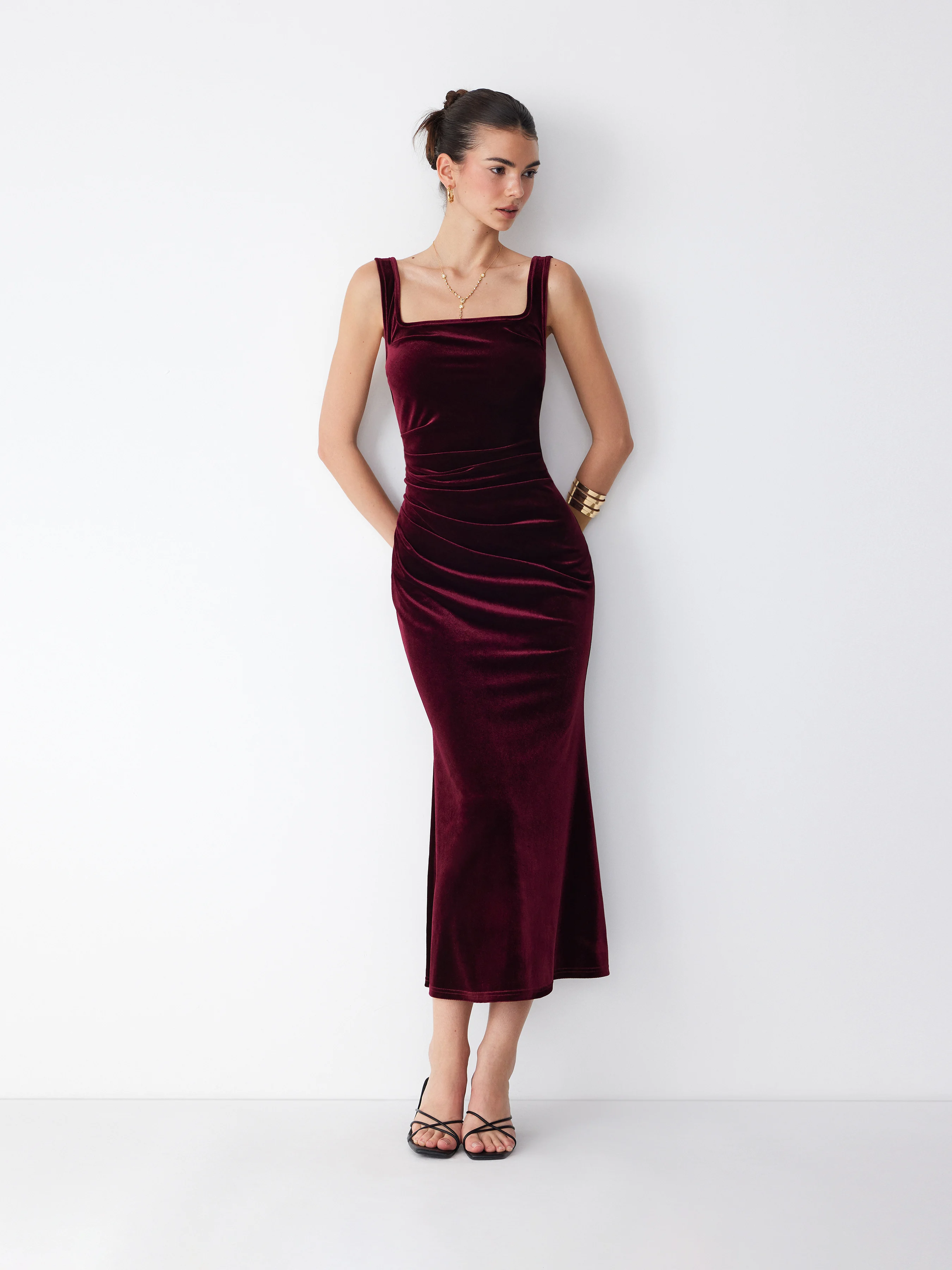 High Stretch Velvet Square Neck Ruched Mermaid Maxi Dress