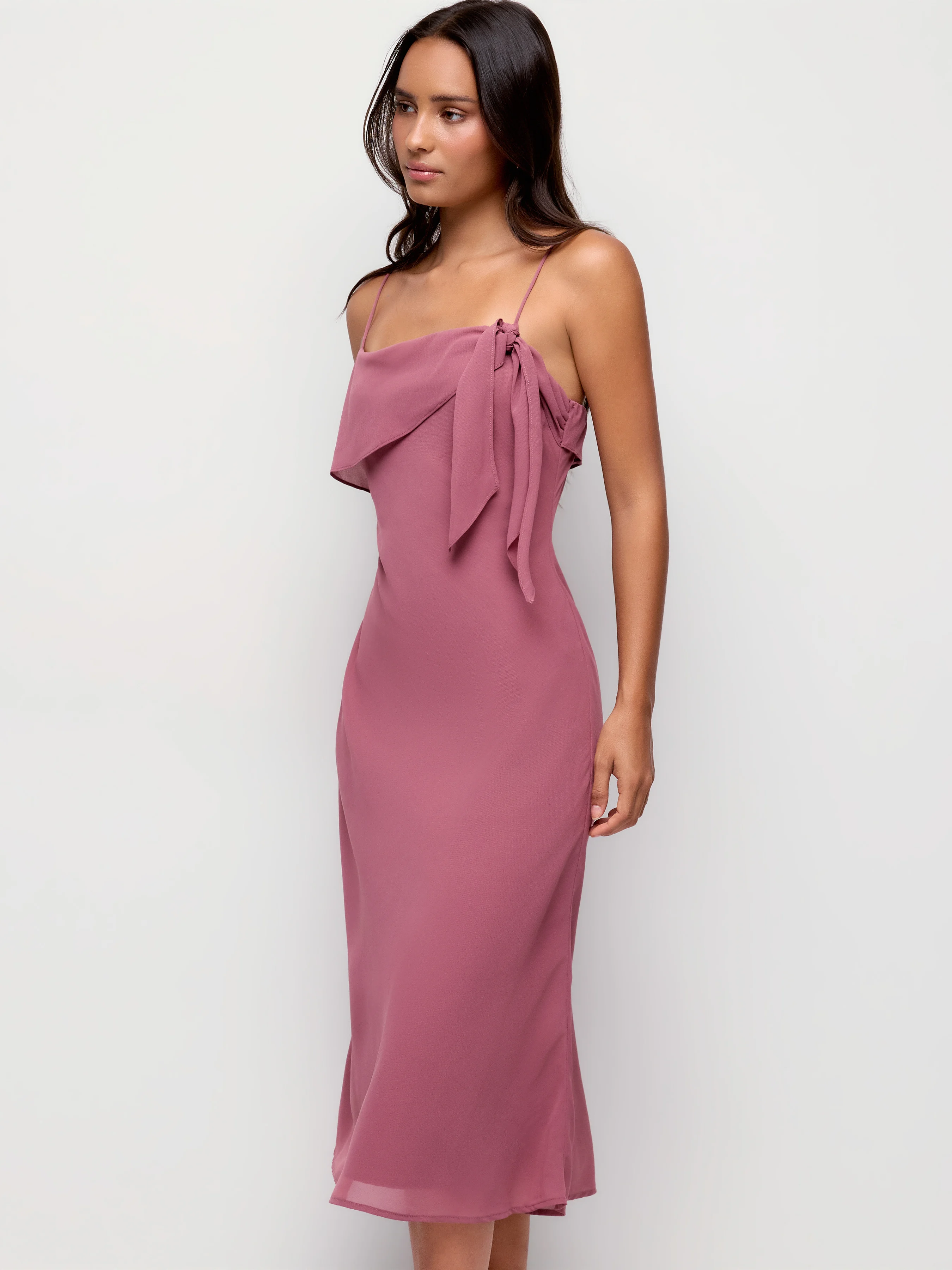 Chiffon Asymmetrical Neck Twist Knotted A-line Midi Dress