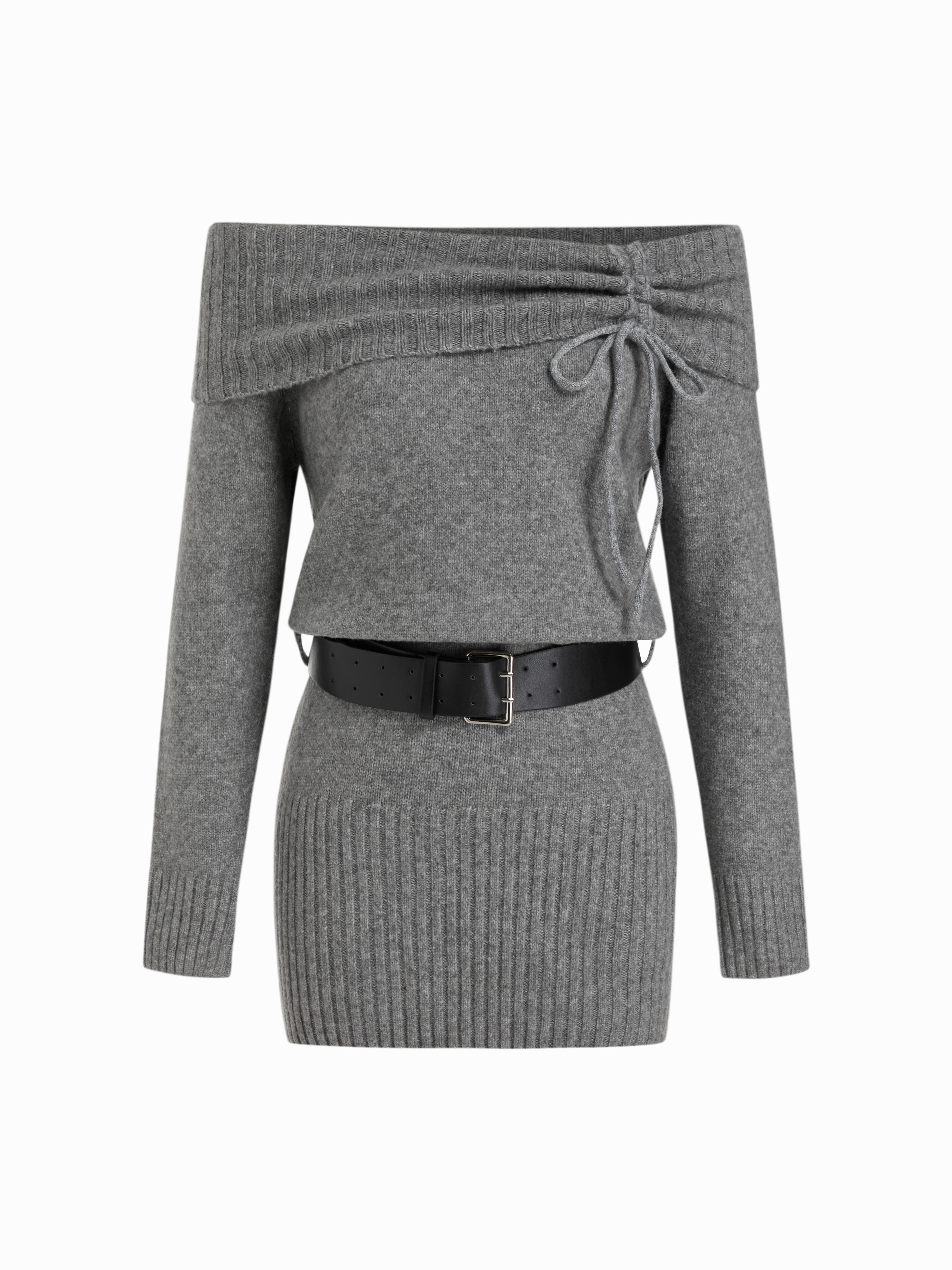 Knit Wool-blend Off-shoulder Long Sleeve Ruched Mini Dress With Belt