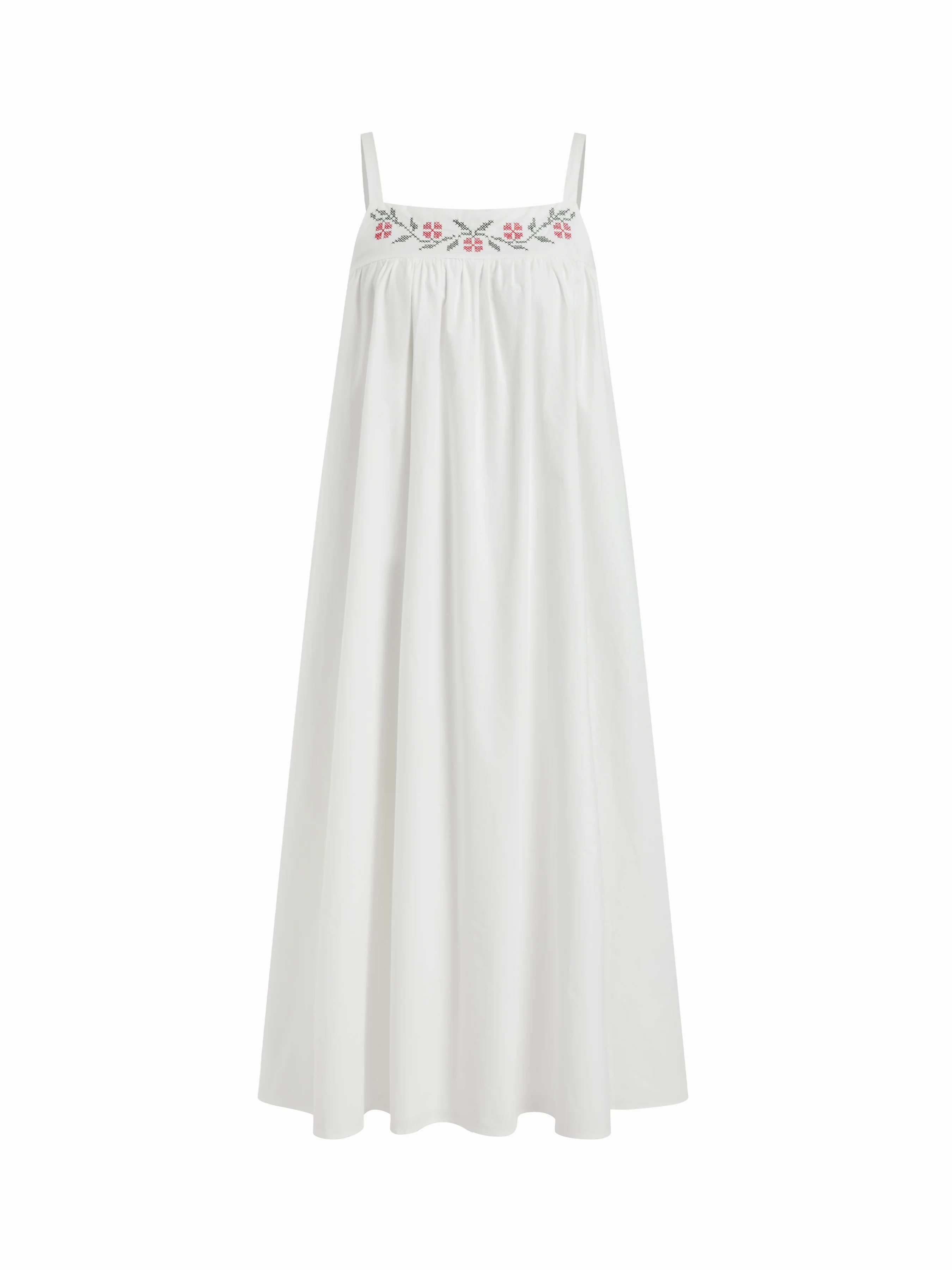 Cotton Floral Graphic Square Neck Embroidery Maxi Dress