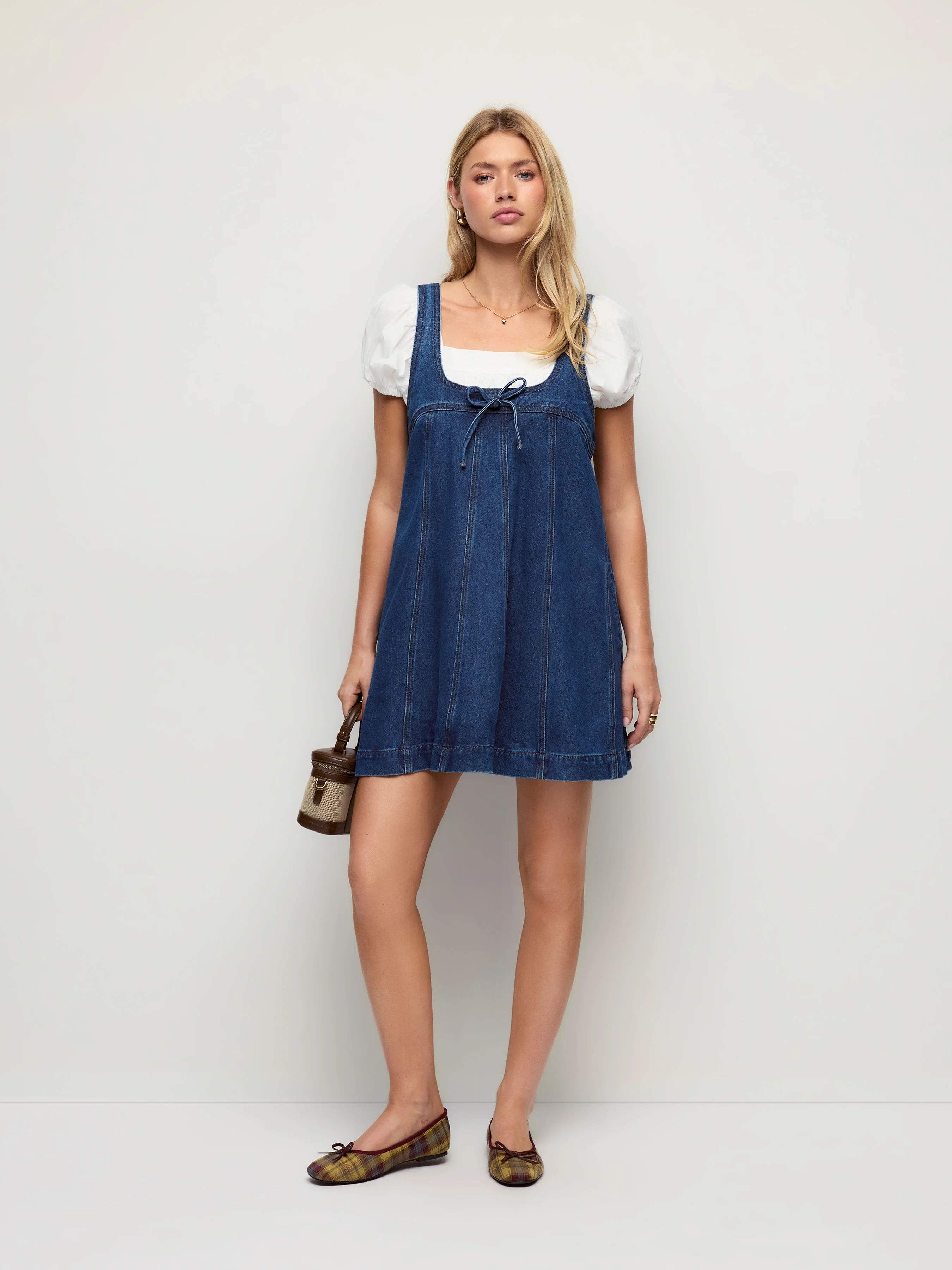 Denim Bowknot A-line Oversized Mini Pinafore