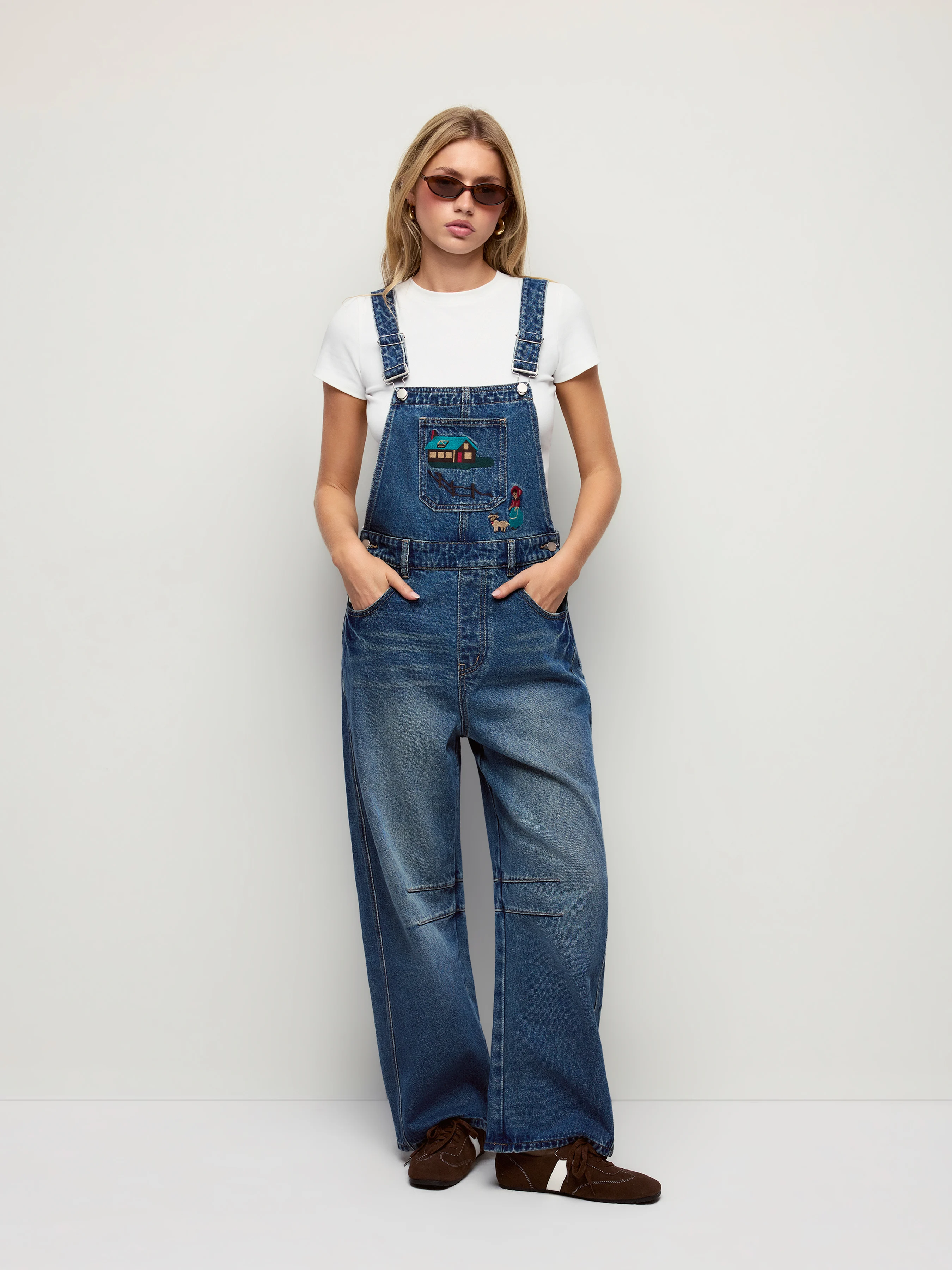 Denim Low Rise Embroidery Graphic Oversized Barrel-leg Overalls