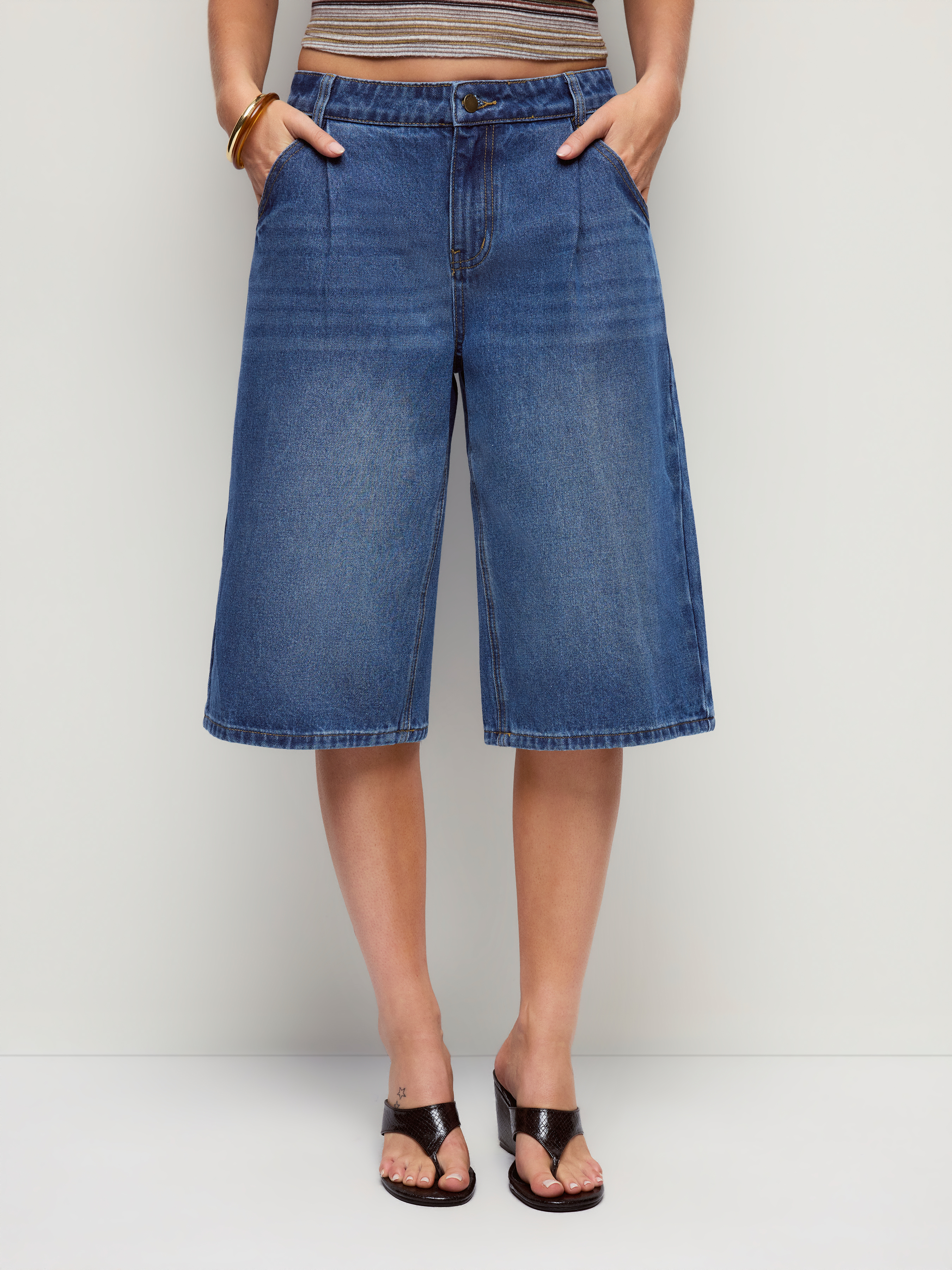 Denim Mid Rise Draped Metal Detail Wide Leg Bermuda Jorts