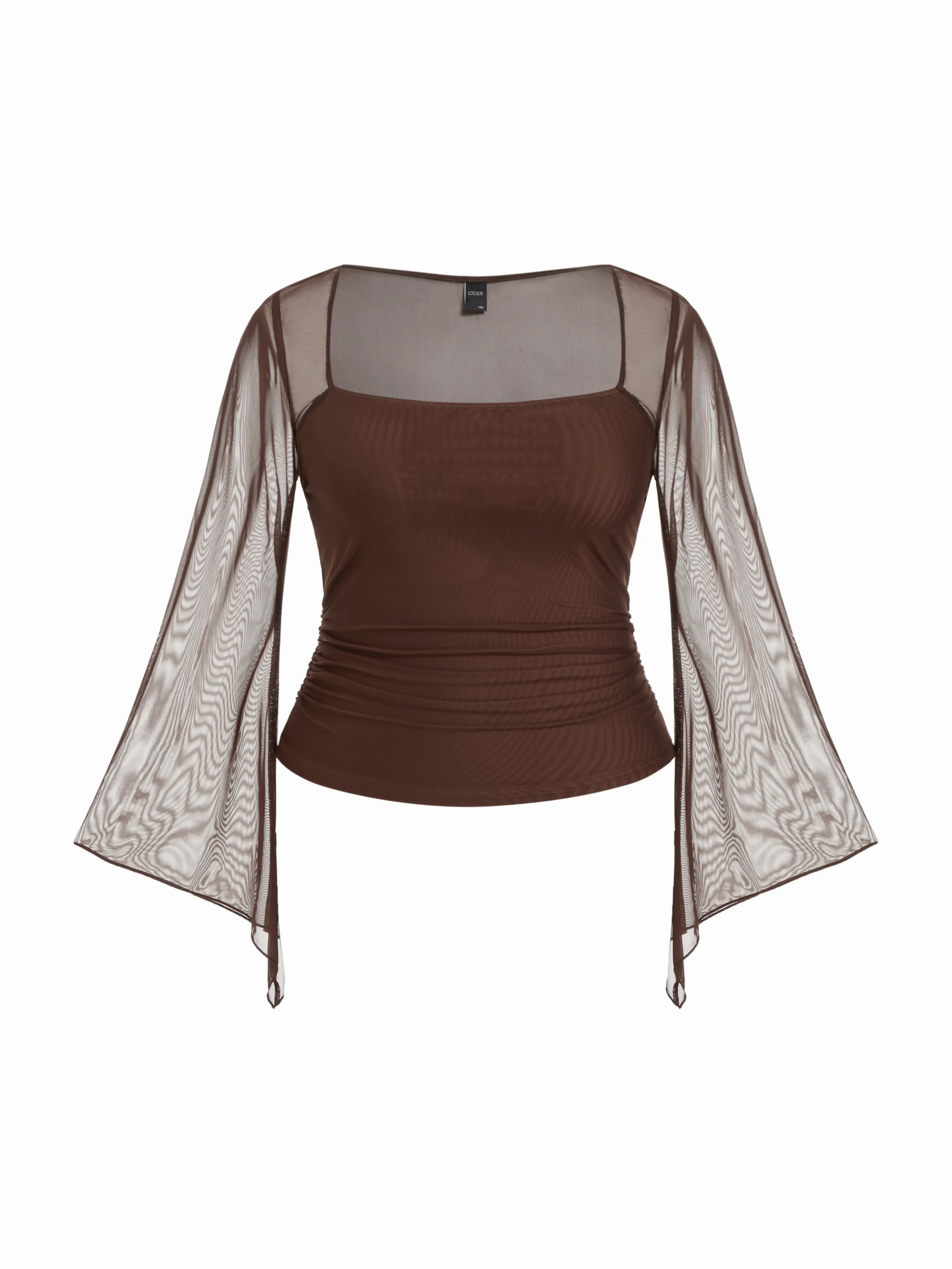 Mesh Square Neck Bell Sleeve Ruched Top Curve & Plus
