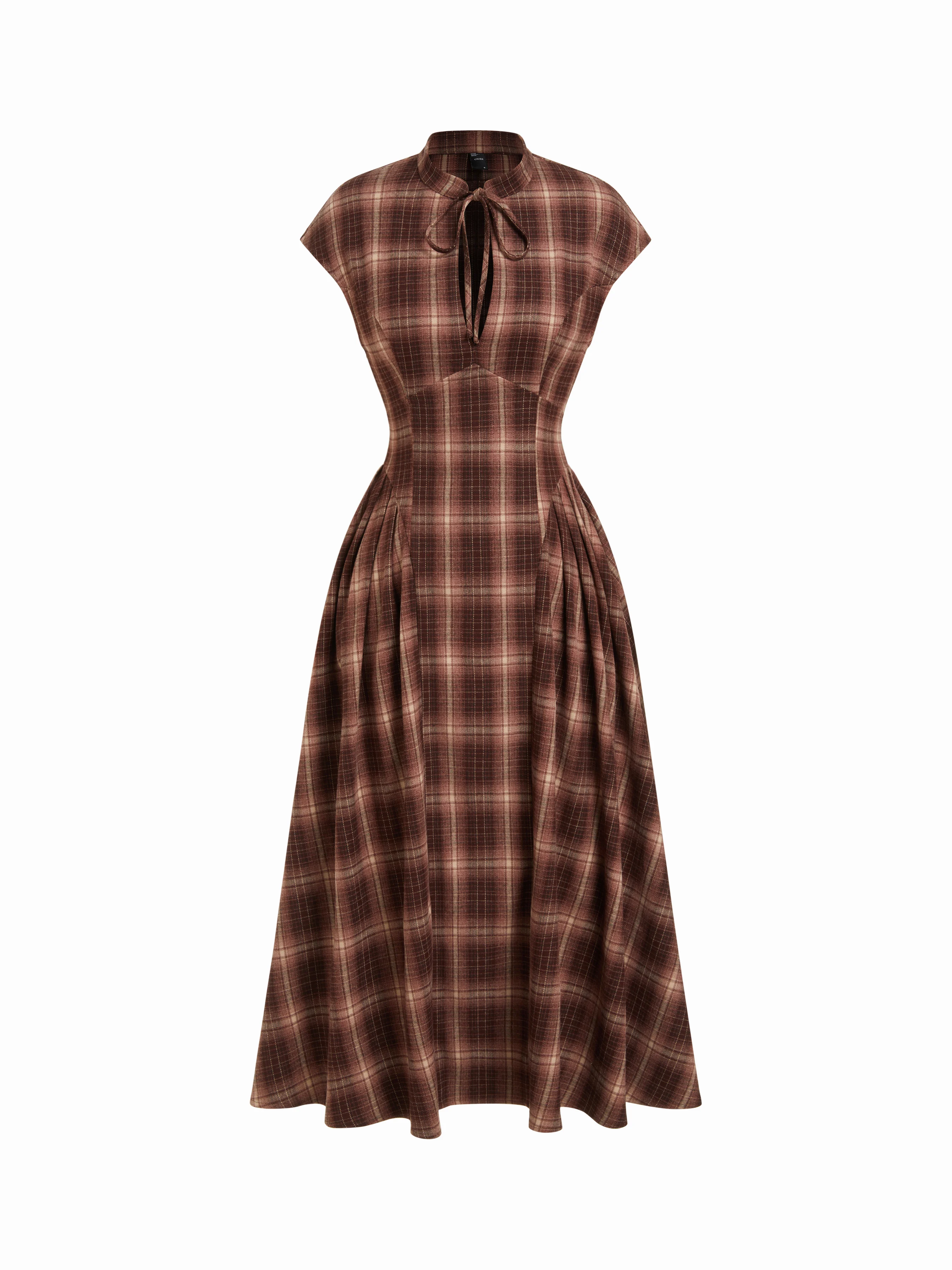 Plaid Bowknot Pleated A-line Midi Dress