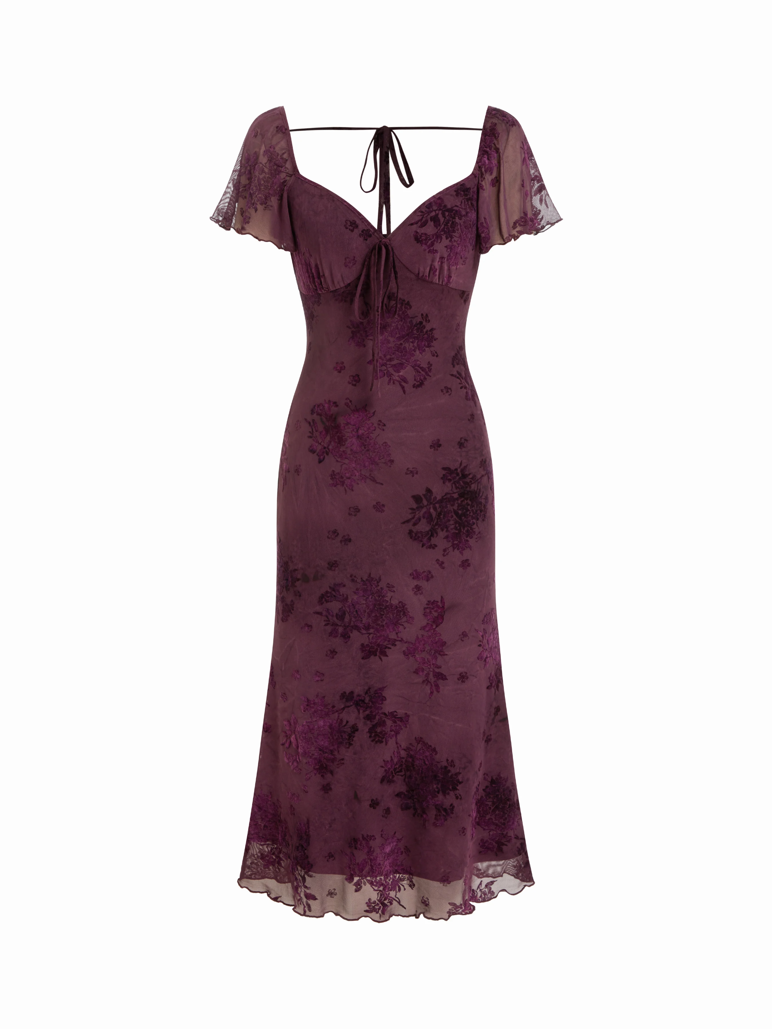 Mesh Flocking Floral Sweetheart Ruffle Sleeve Mermaid Midi Dress