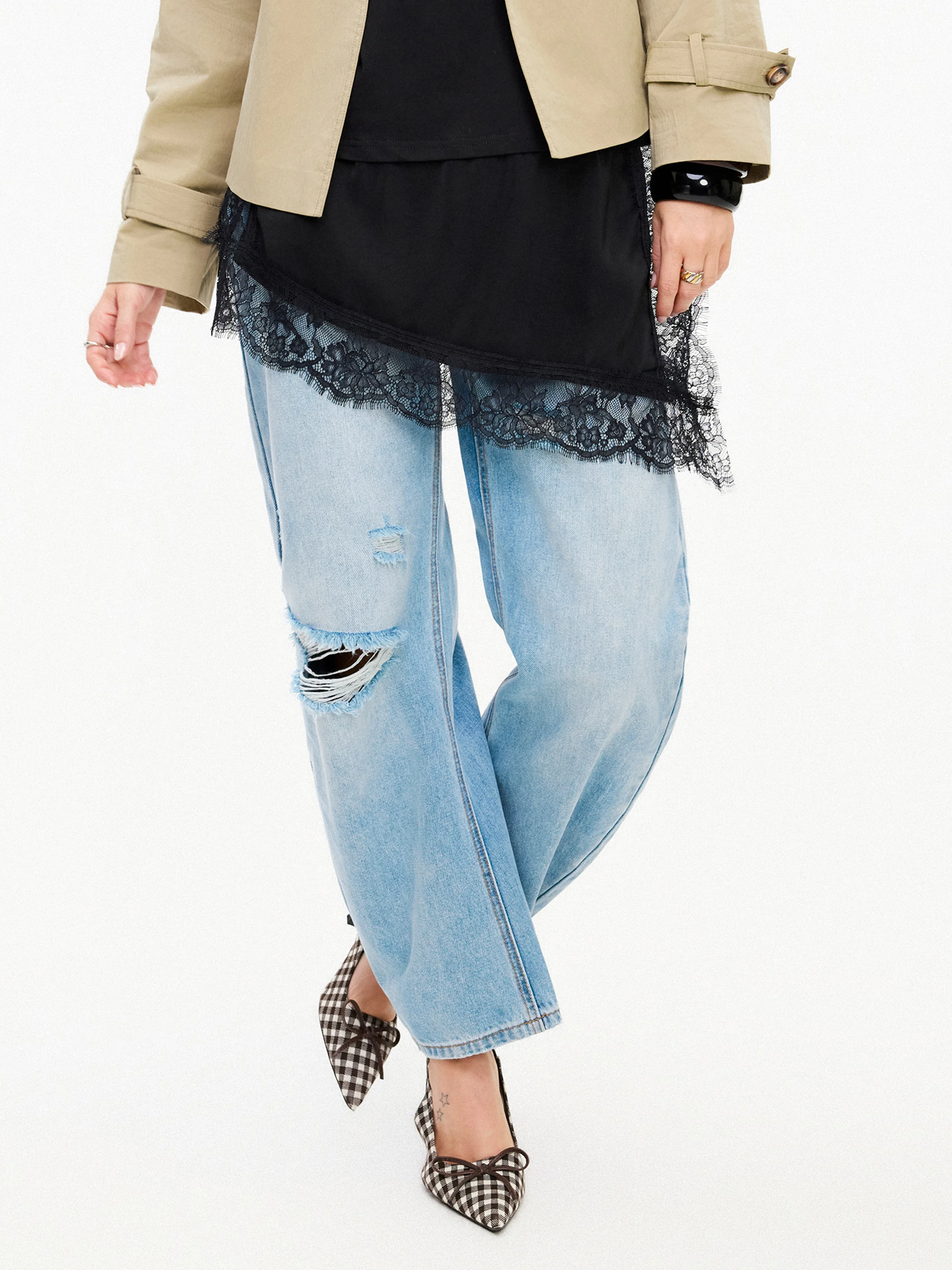 Denim Low Rise Ripped Barrel-leg Cropped Oversized Jeans