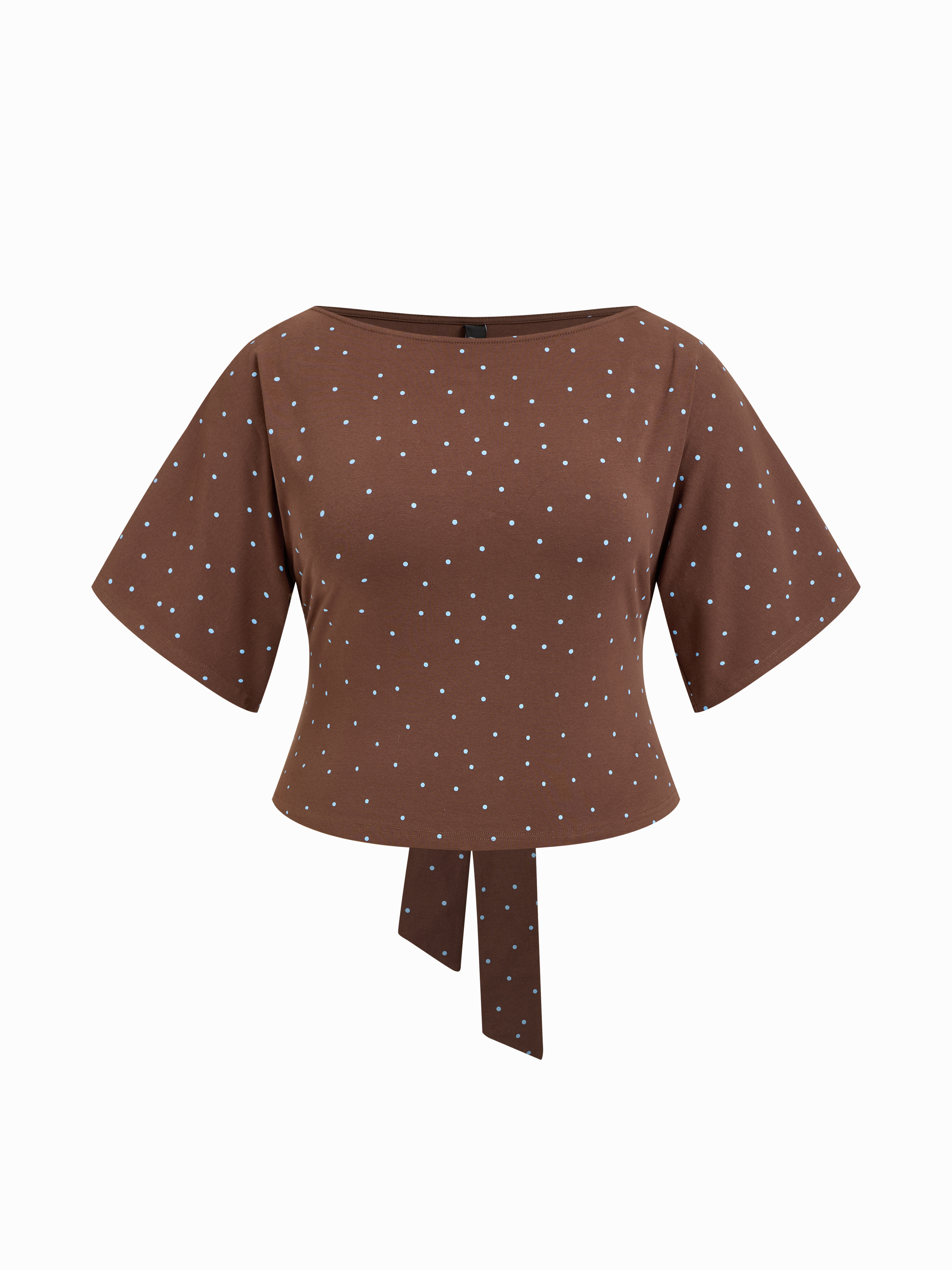 Cotton Boat Neck Polka Dot Knotted Batwing Sleeve Cropped Tee Curve & Plus