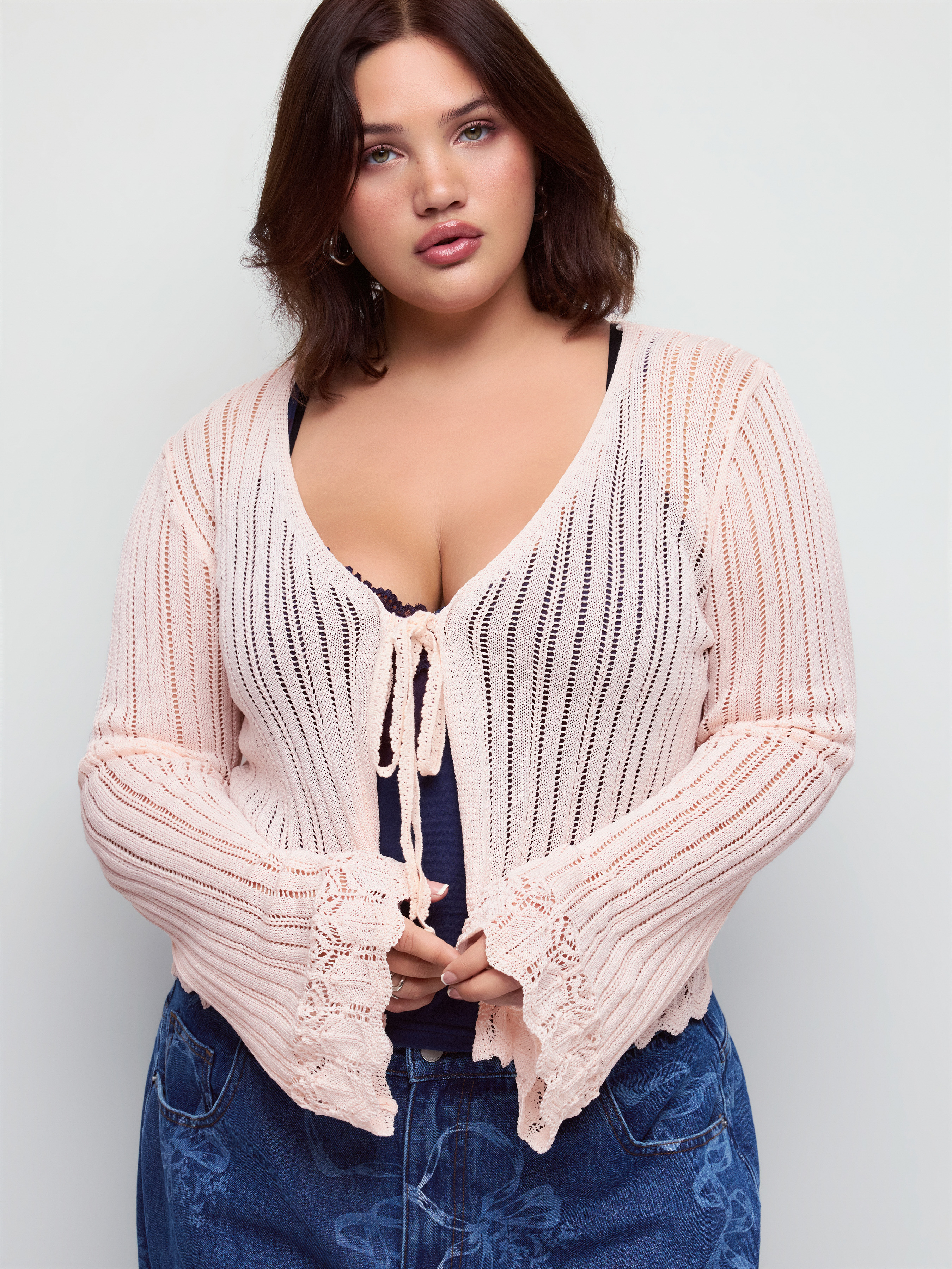 Knit Pointelle V-neck Bell Sleeve Bowknot Top Curve & Plus