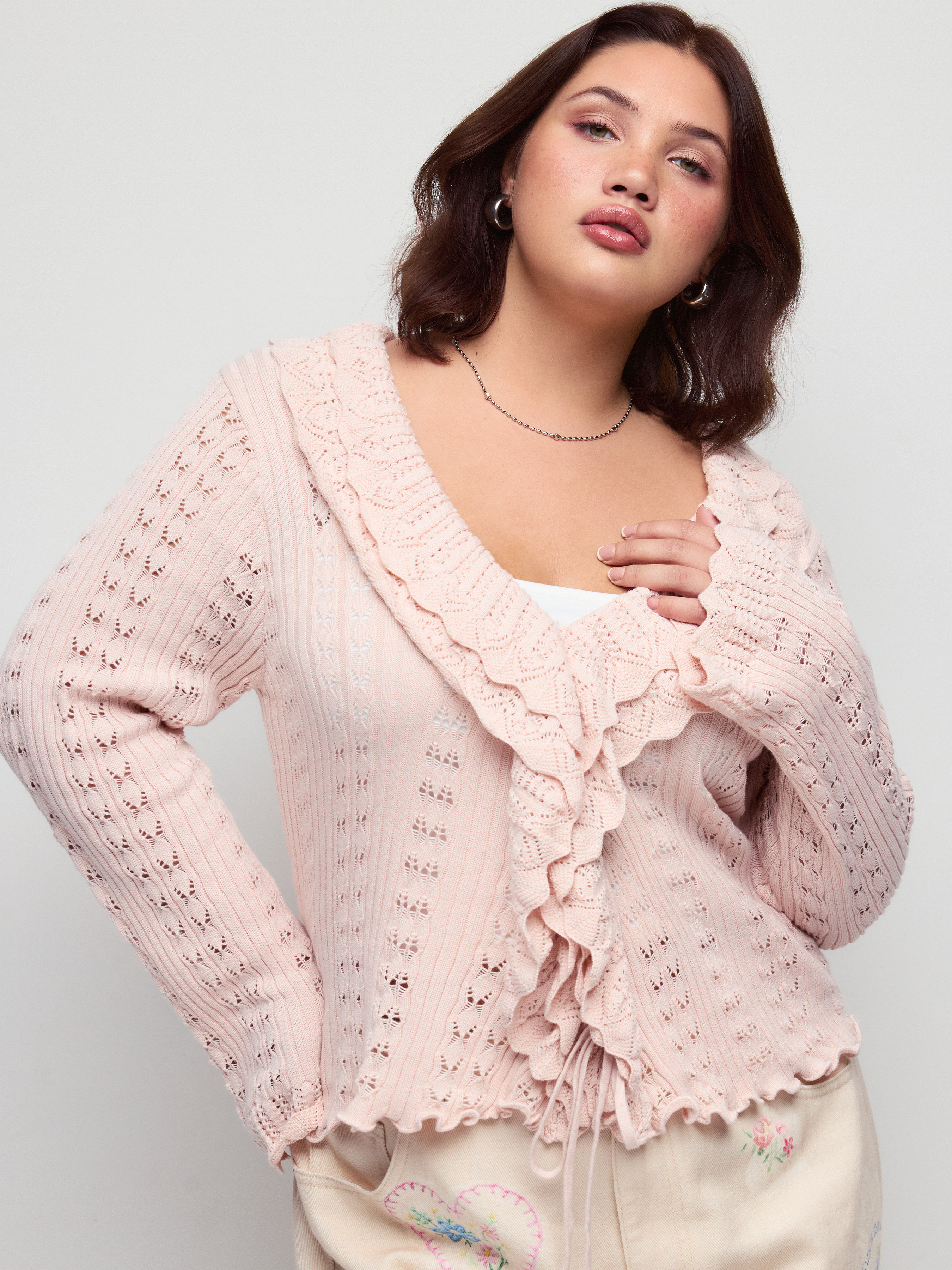 Knit Bell Sleeve Ruffled Hem Knotted Hollow Out Cardigan Curve & Plus