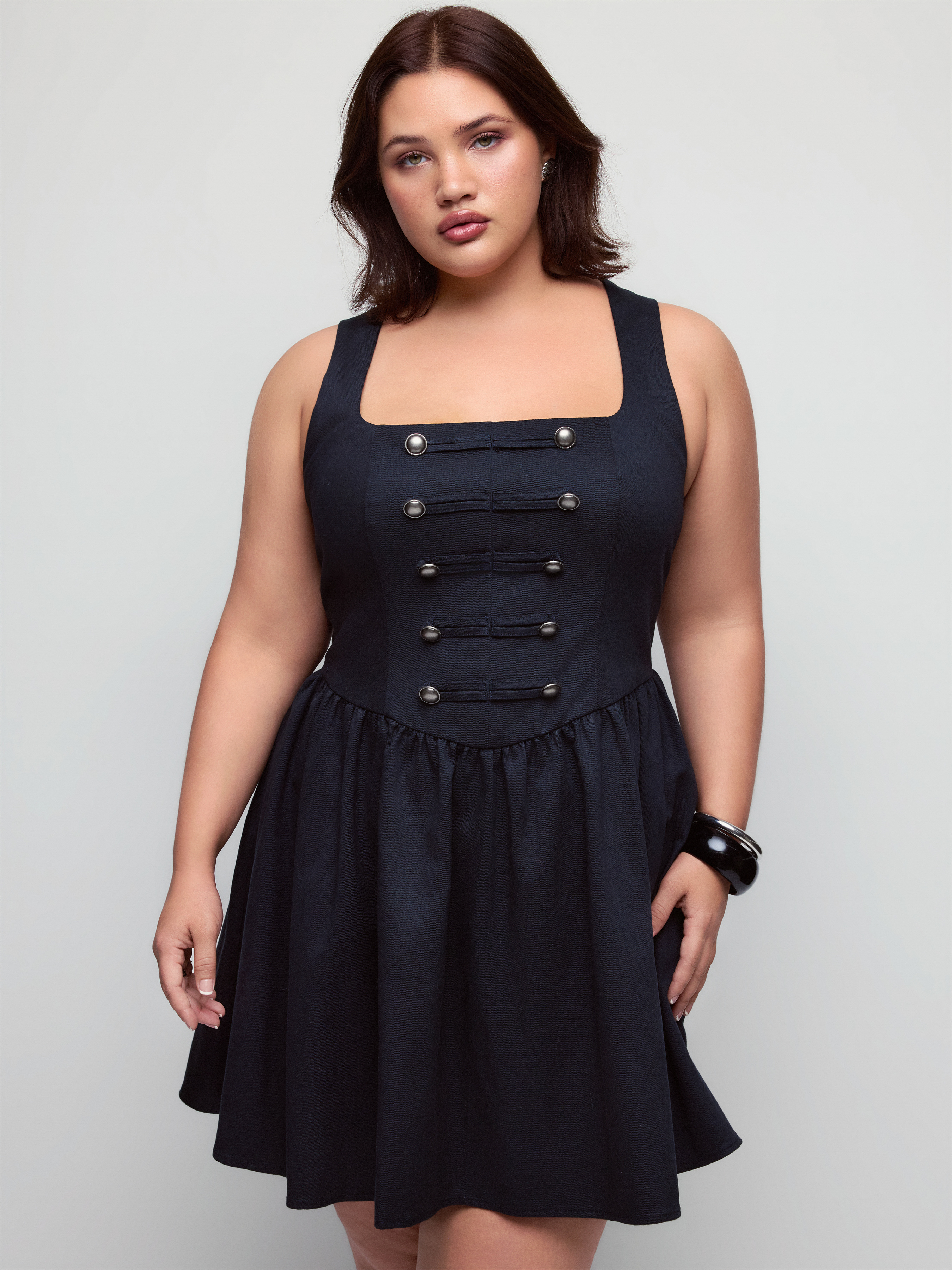 Cotton-blend Square Neck Metal Detail Flared Mini Dress Curve & Plus