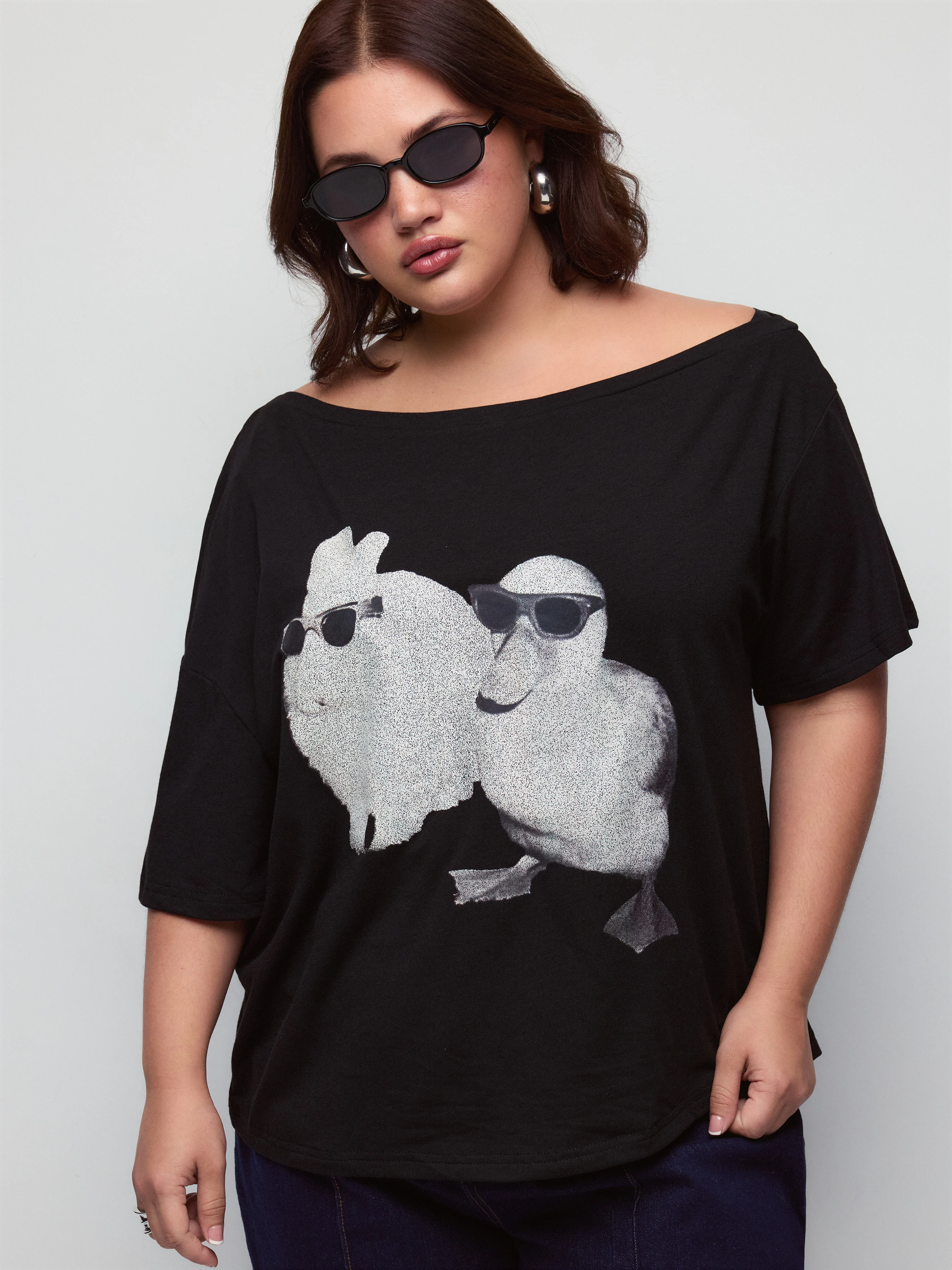 Asymmetrical Neck Rabbit & Duck Graphic Tee Curve & Plus