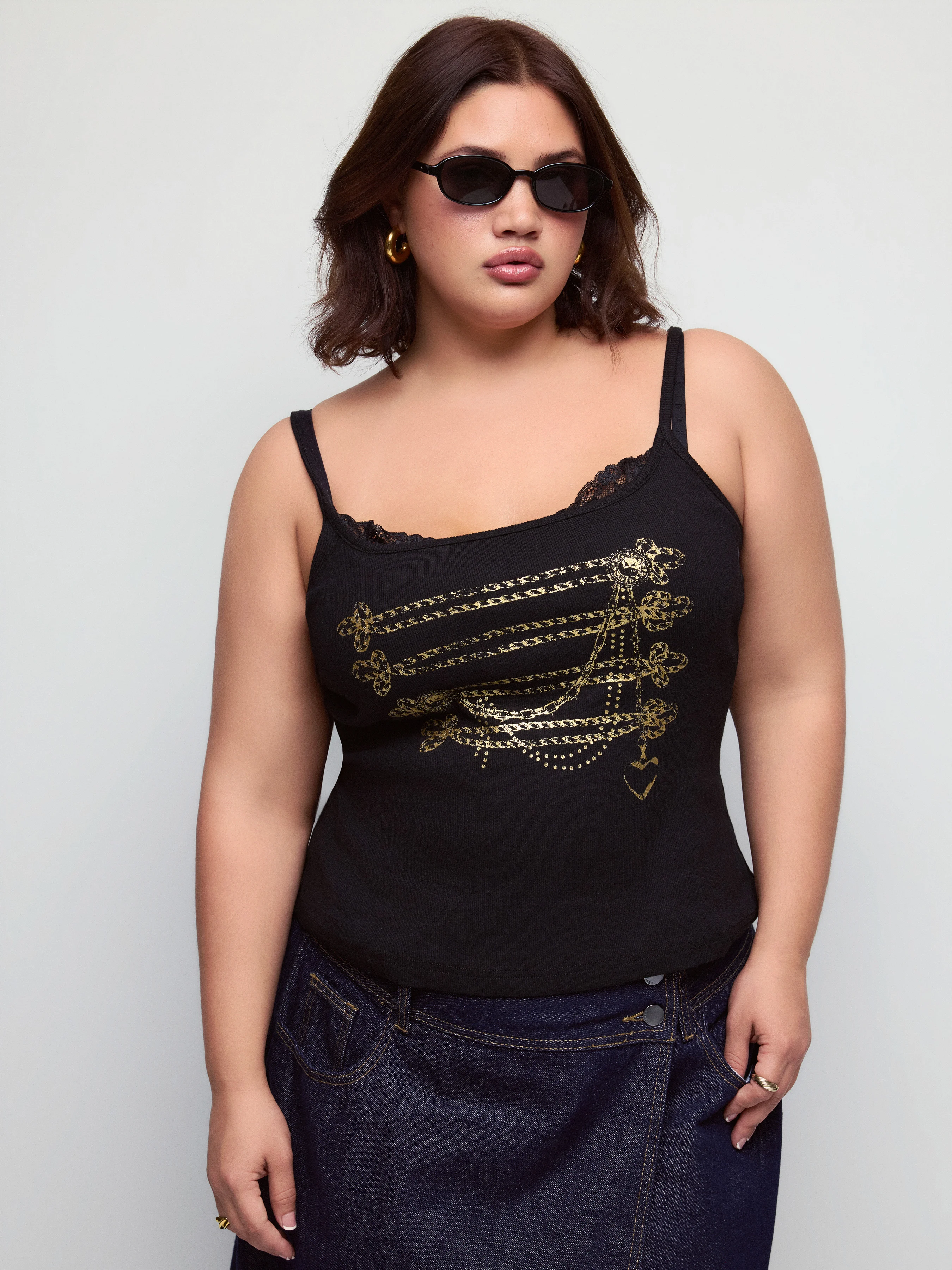 Cotton-blend Chain Graphic Scoop Neck Lace Trim Cami Top Curve & Plus
