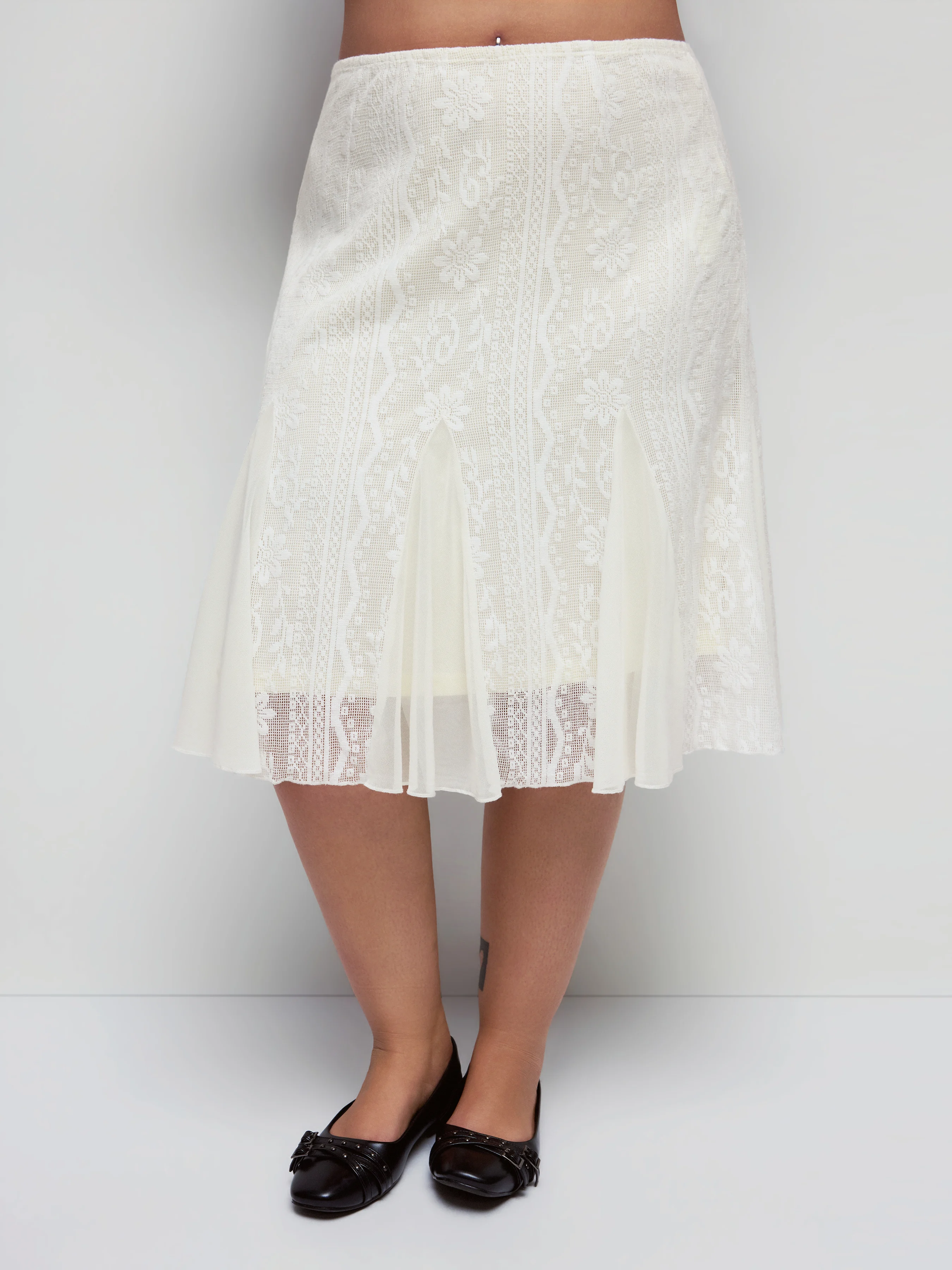 Cotton-blend A Line Mid Rise Lace Flower Midi Skirt Curve & Plus